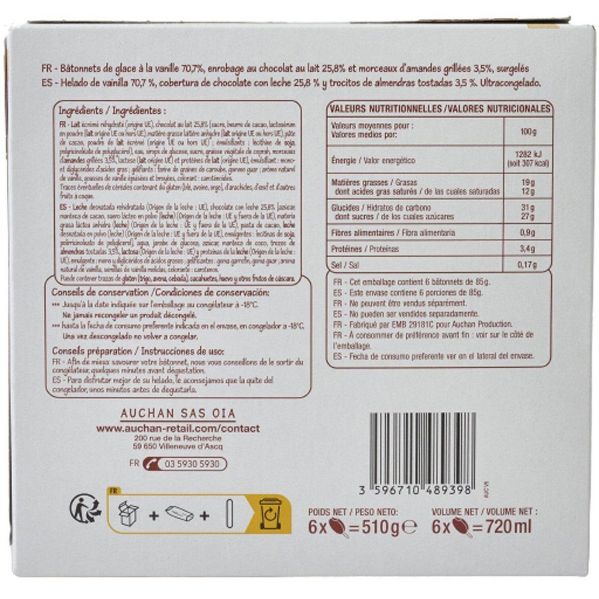 POUCE Maxi bâtonnets glace vanille chocolat au lait amandes 6 pièces 510g