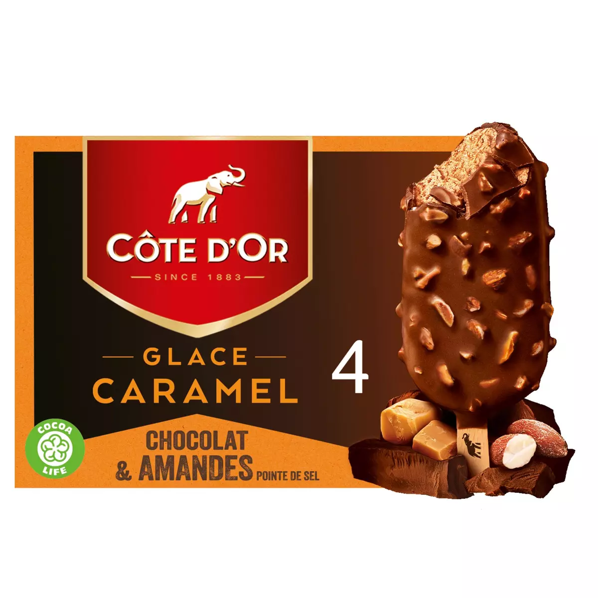 COTE D'OR Bâtonnet glacé au caramel enrobé de chocolat et amandes pointe de sel 4 pièces 260g