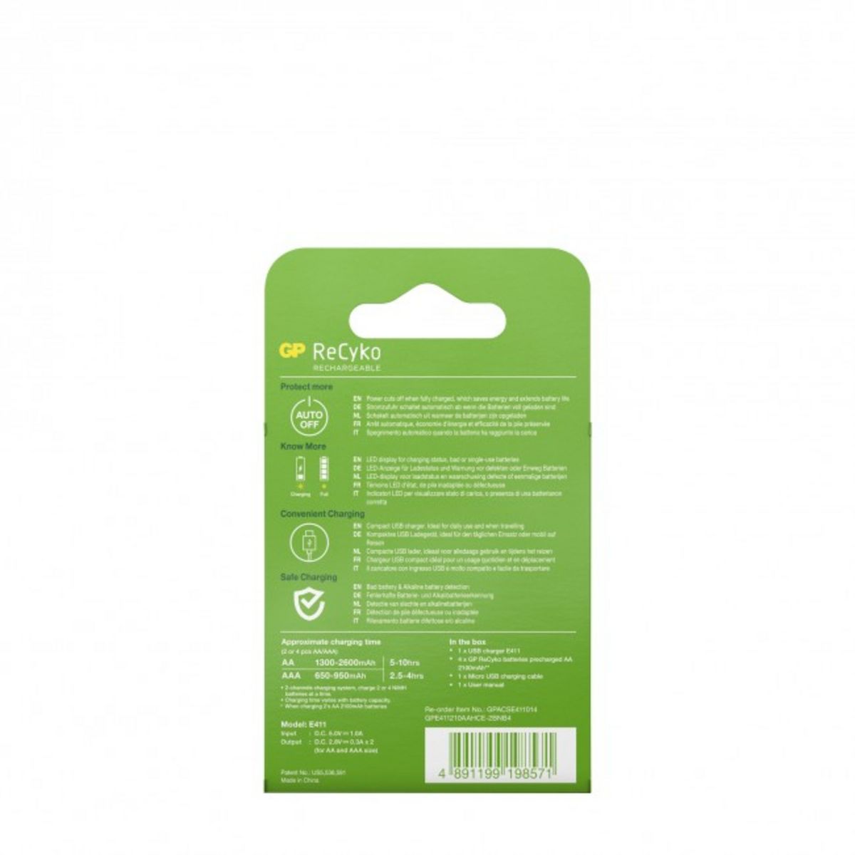 GP Chargeur USB E411+4Accus AA 2100 MAH - Blanc