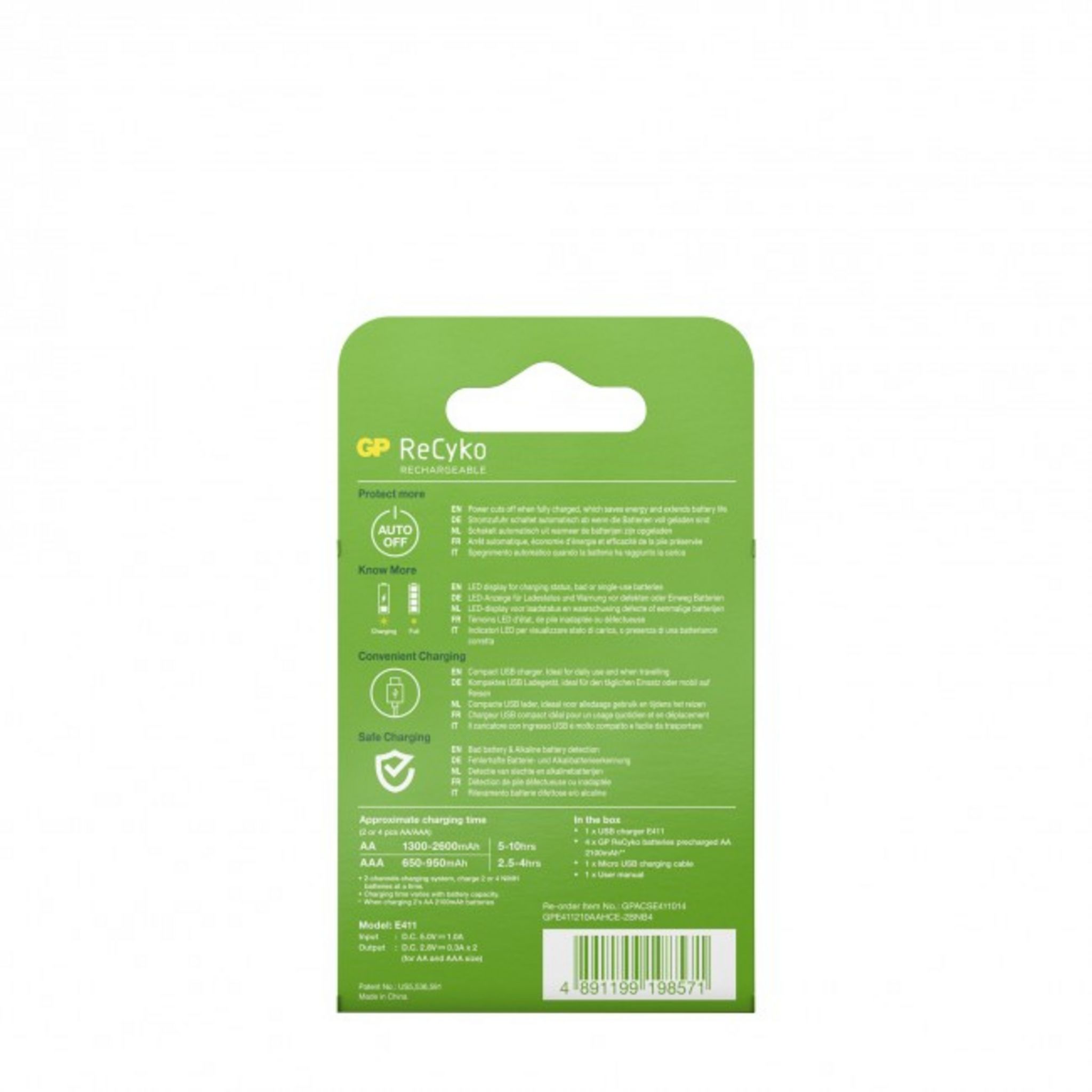 Voir la diapositive 10 : GP Chargeur USB E411+4Accus AA 2100 MAH - Blanc