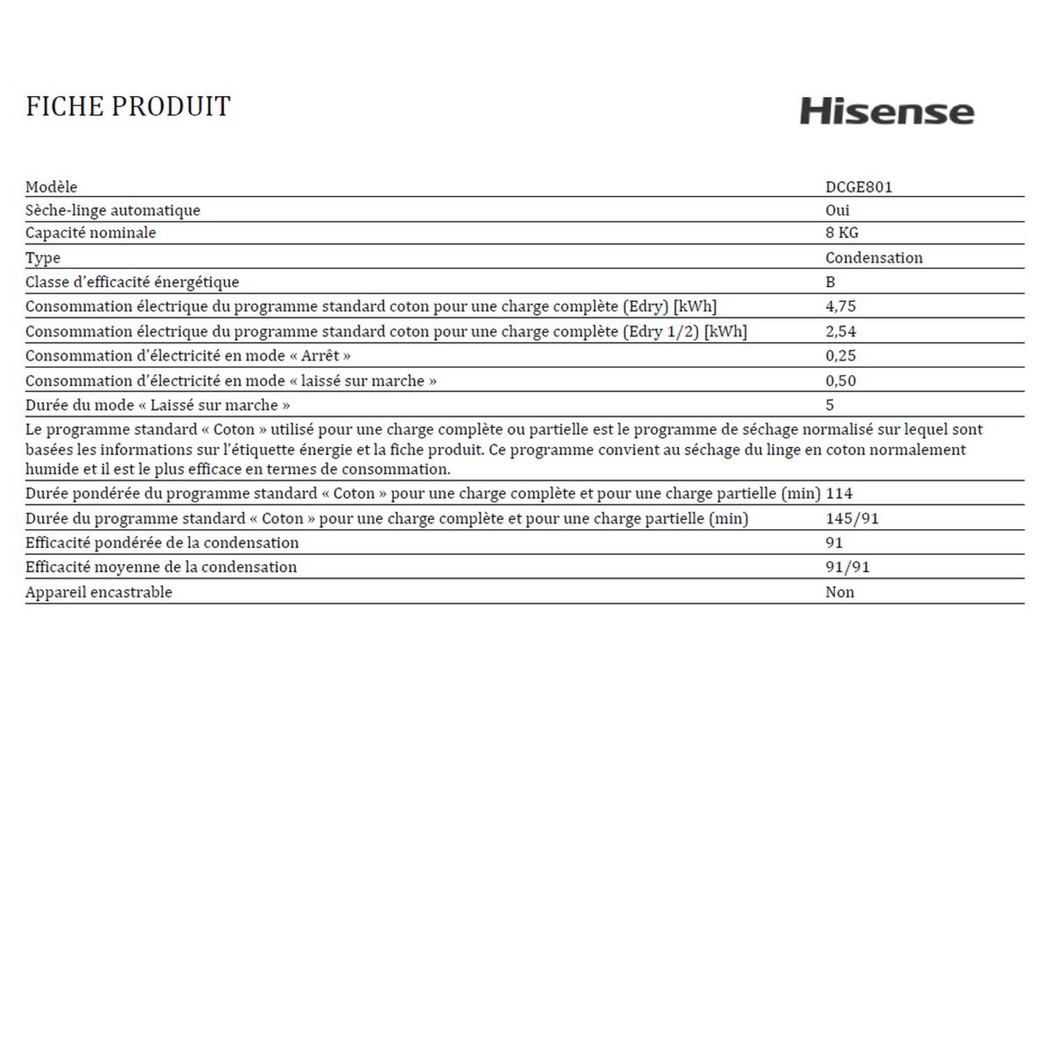 Voir la diapositive 5 : HISENSE Sèche linge porte pleine DCGE801, 8 kg, Condensation, B