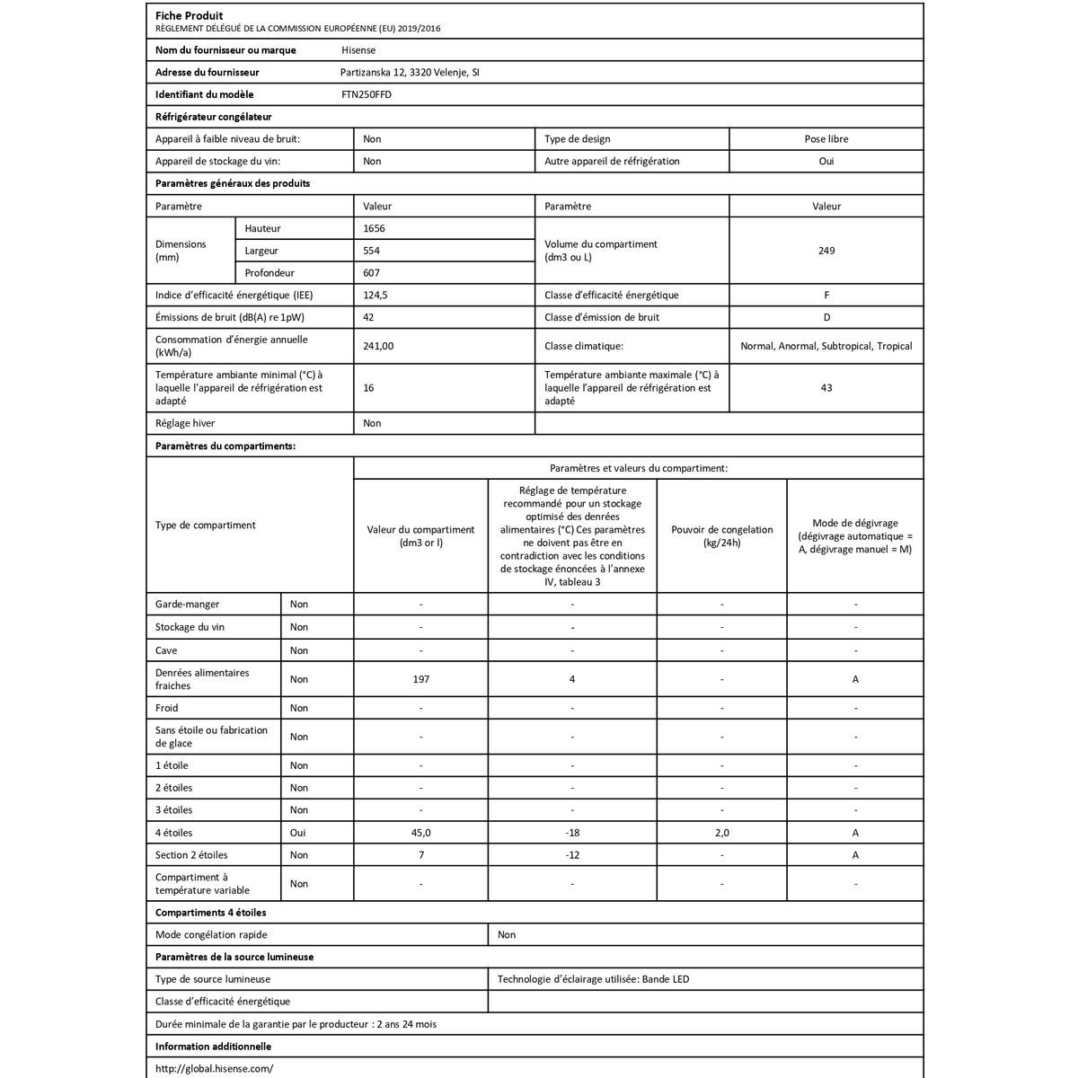 HISENSE Réfrigérateur 2 portes FTN250FFD, 249 L, Froid ventilé No frost