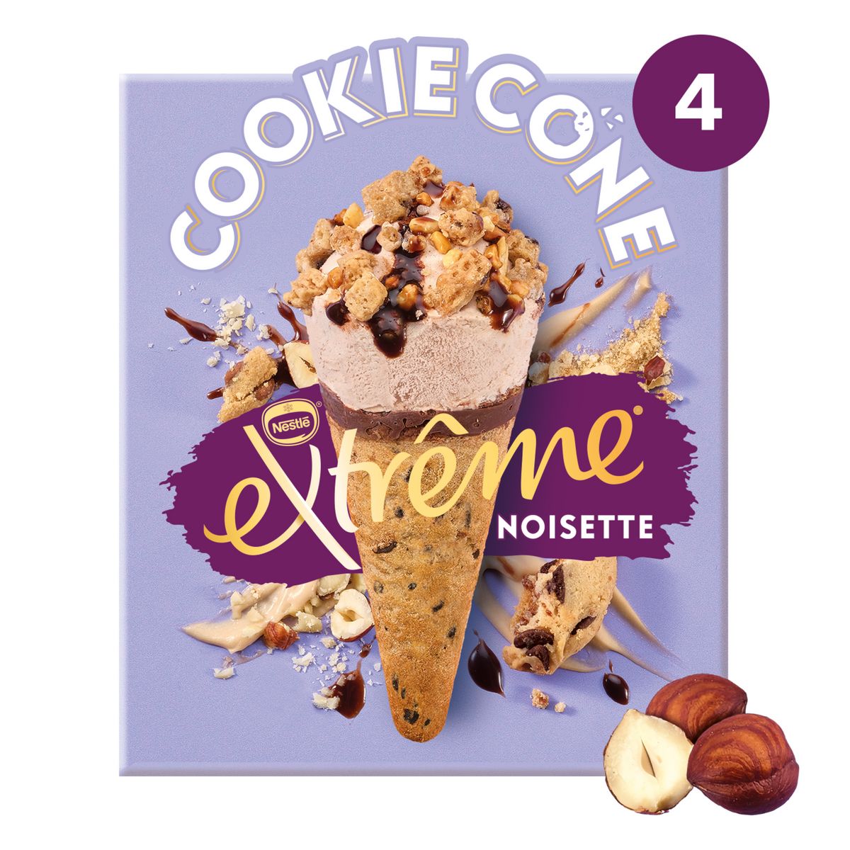 EXTREME Cônes glacés cookie noisette sauce chocolat 4 pièces 284g