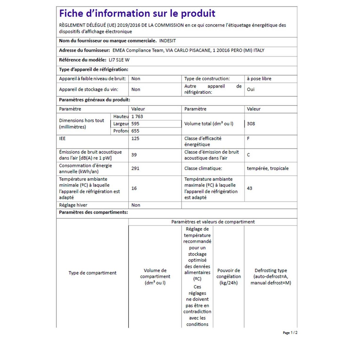 INDESIT Réfrigérateur combiné LI7S1EW, 308 L, Froid Statique