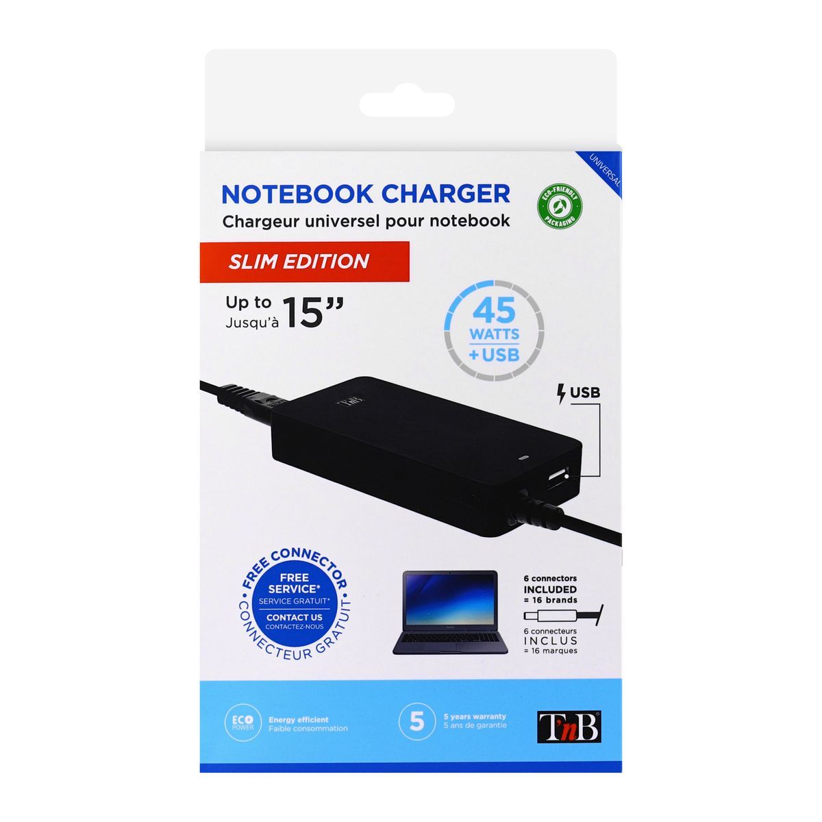 TNB 6 connecteurs - Jusque 15 pouces - 45 Watts - Port USB