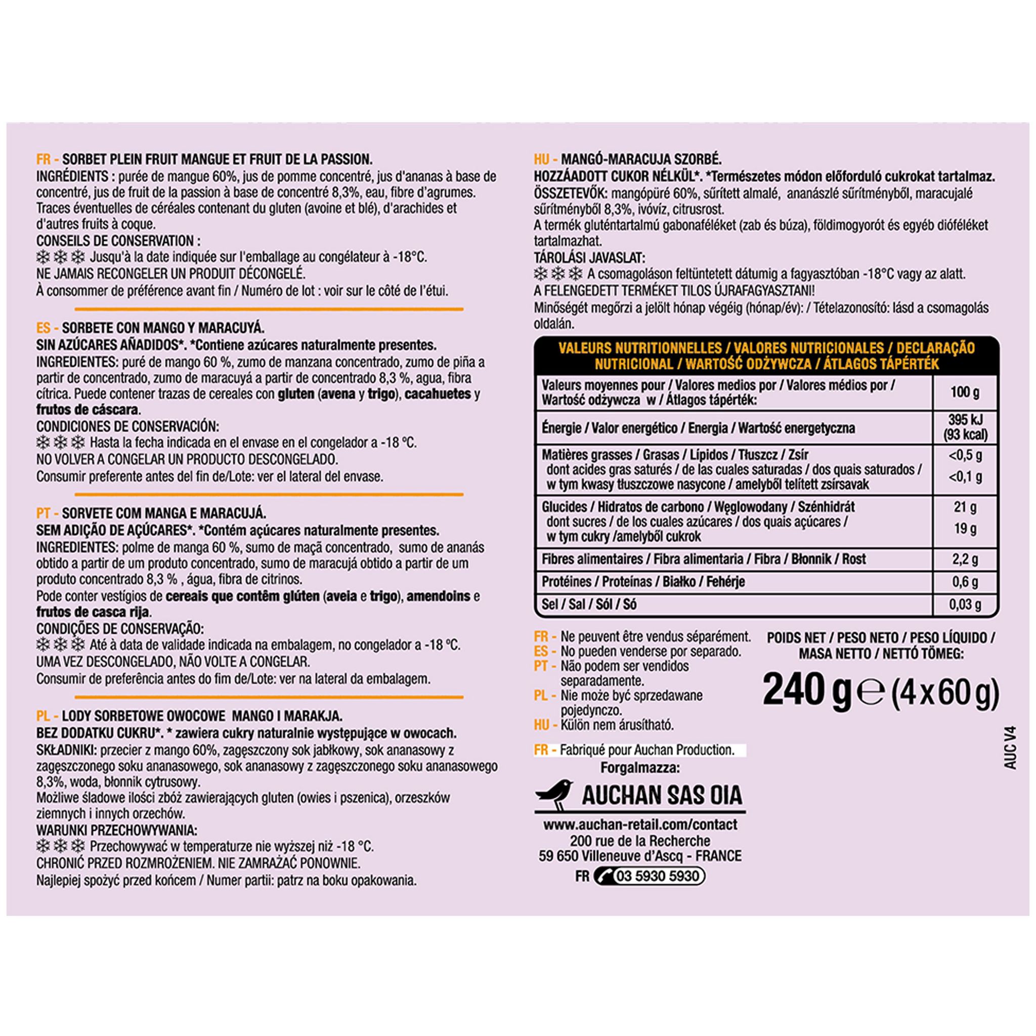 Voir la diapositive 2 : AUCHAN Bâtonnet 100% fruits mangue et passion sans sucres ajoutés 4 pièces 240g