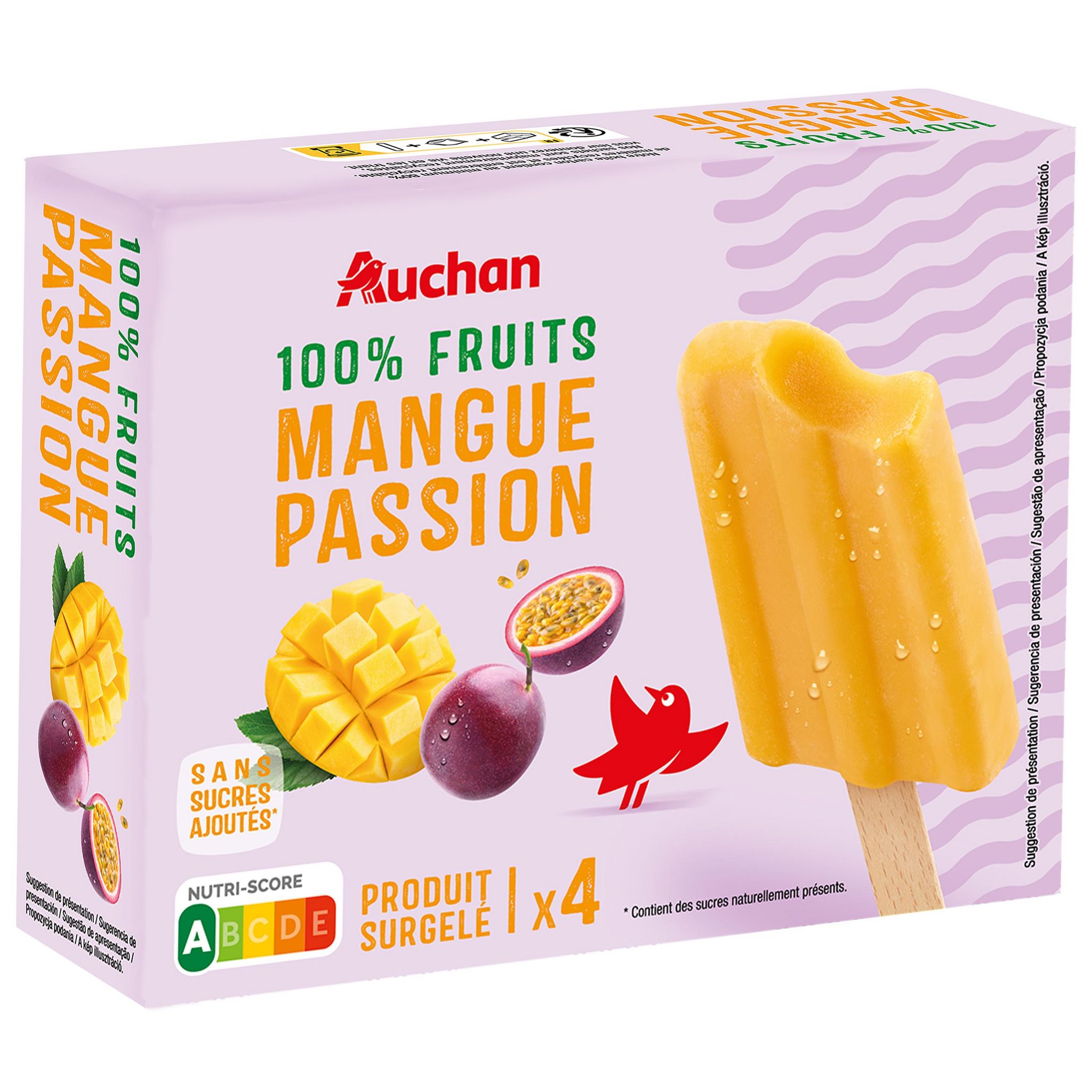 Voir la diapositive 3 : AUCHAN Bâtonnet 100% fruits mangue et passion sans sucres ajoutés 4 pièces 240g
