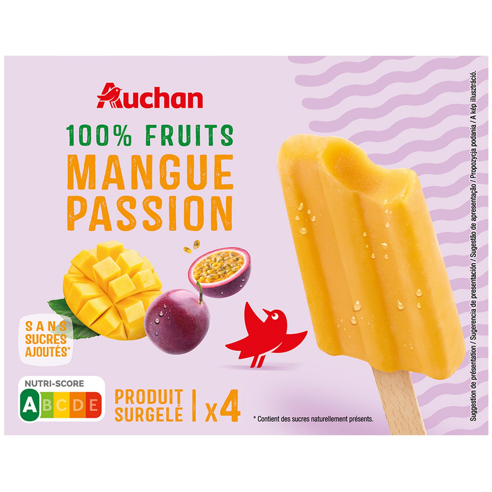 Voir la diapositive 4 : AUCHAN Bâtonnet 100% fruits mangue et passion sans sucres ajoutés 4 pièces 240g