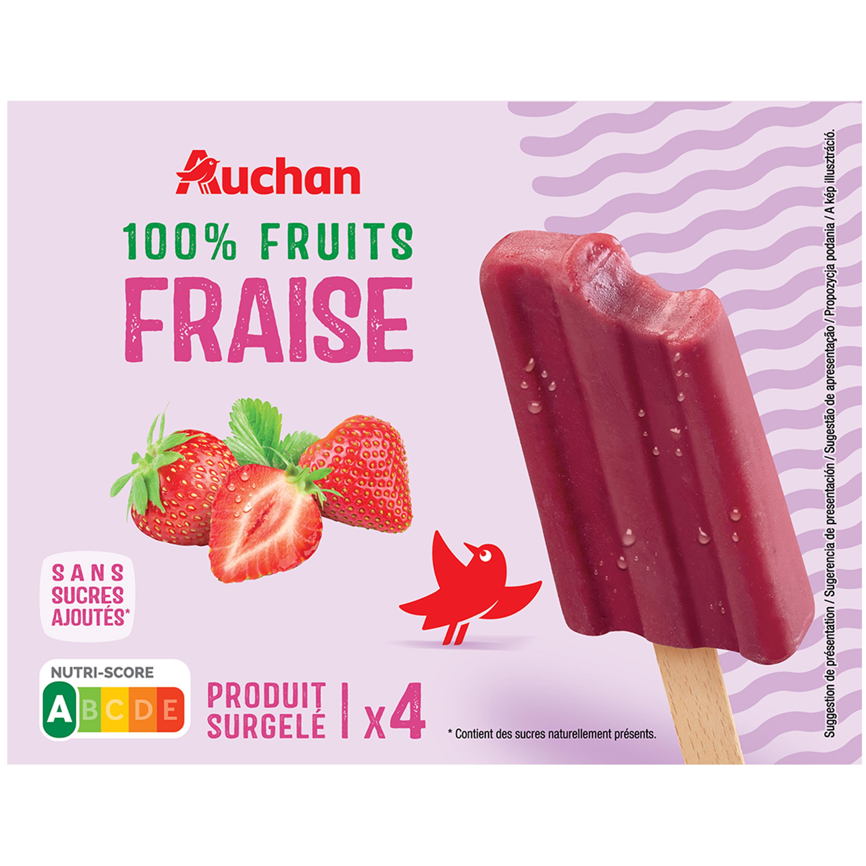 Voir la diapositive 2 : AUCHAN Bâtonnet 100% fruits à la fraise sans sucres ajoutés 4 bâtonnets 240g