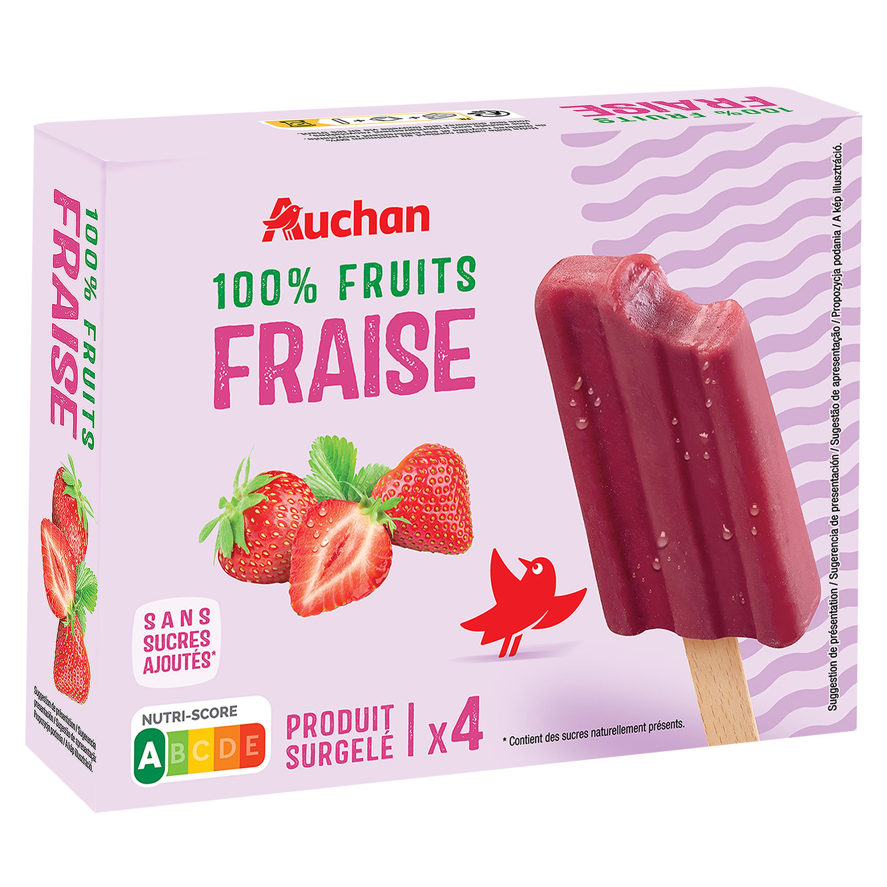 Voir la diapositive 3 : AUCHAN Bâtonnet 100% fruits à la fraise sans sucres ajoutés 4 bâtonnets 240g