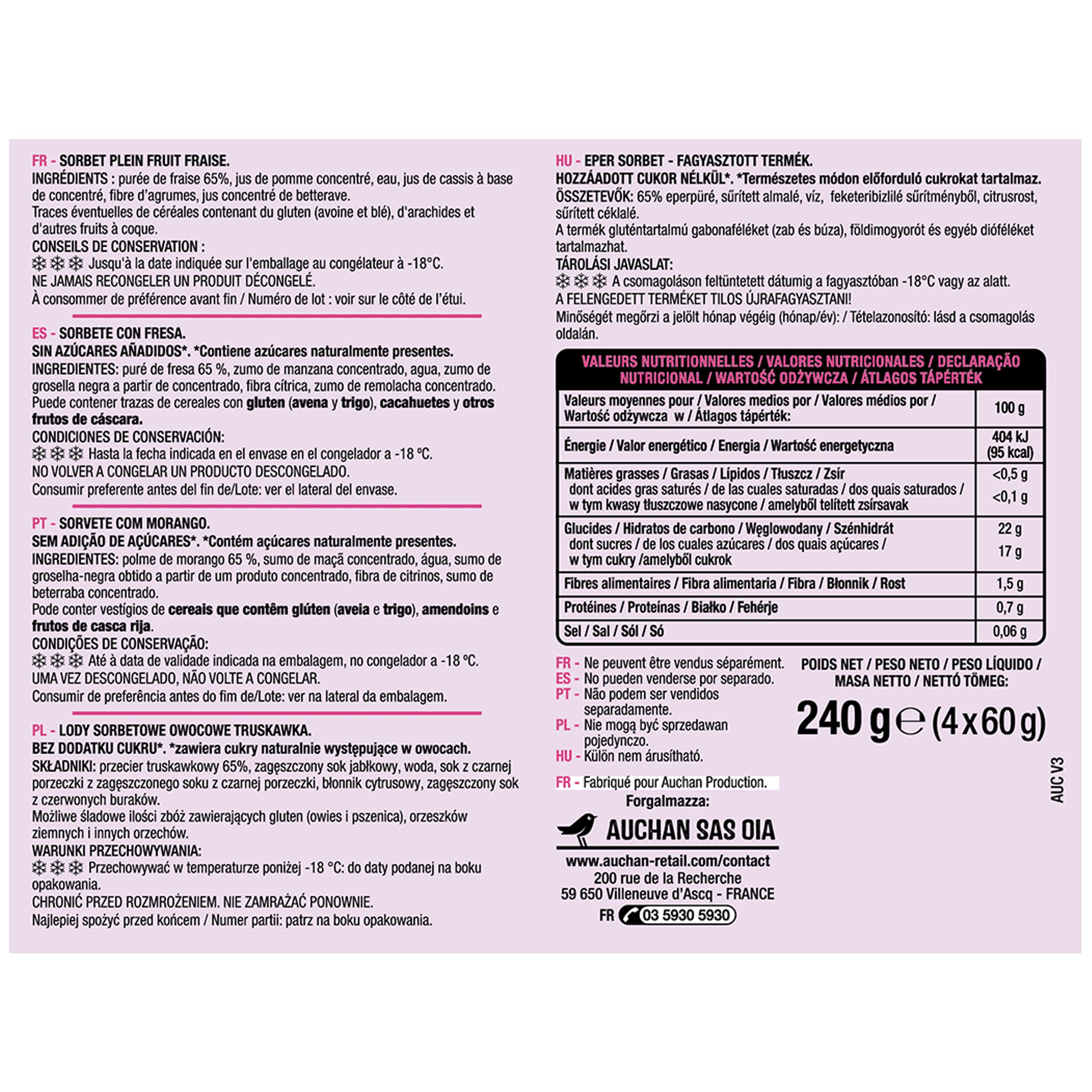 Voir la diapositive 4 : AUCHAN Bâtonnet 100% fruits à la fraise sans sucres ajoutés 4 bâtonnets 240g