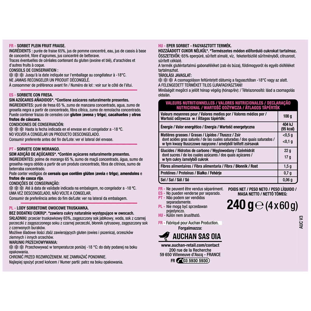 AUCHAN Bâtonnet 100% fruits à la fraise sans sucres ajoutés 4 bâtonnets 240g