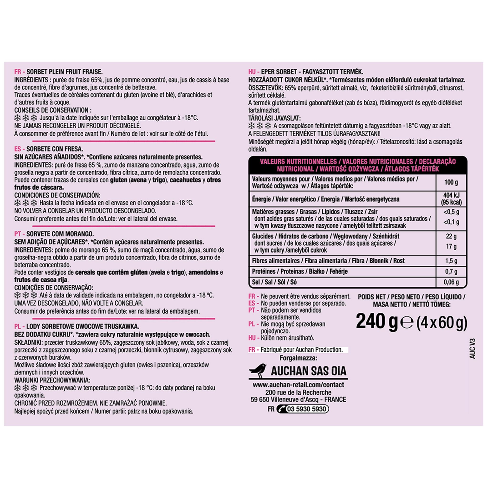 Voir la diapositive 4 : AUCHAN Bâtonnet 100% fruits à la fraise sans sucres ajoutés 4 bâtonnets 240g