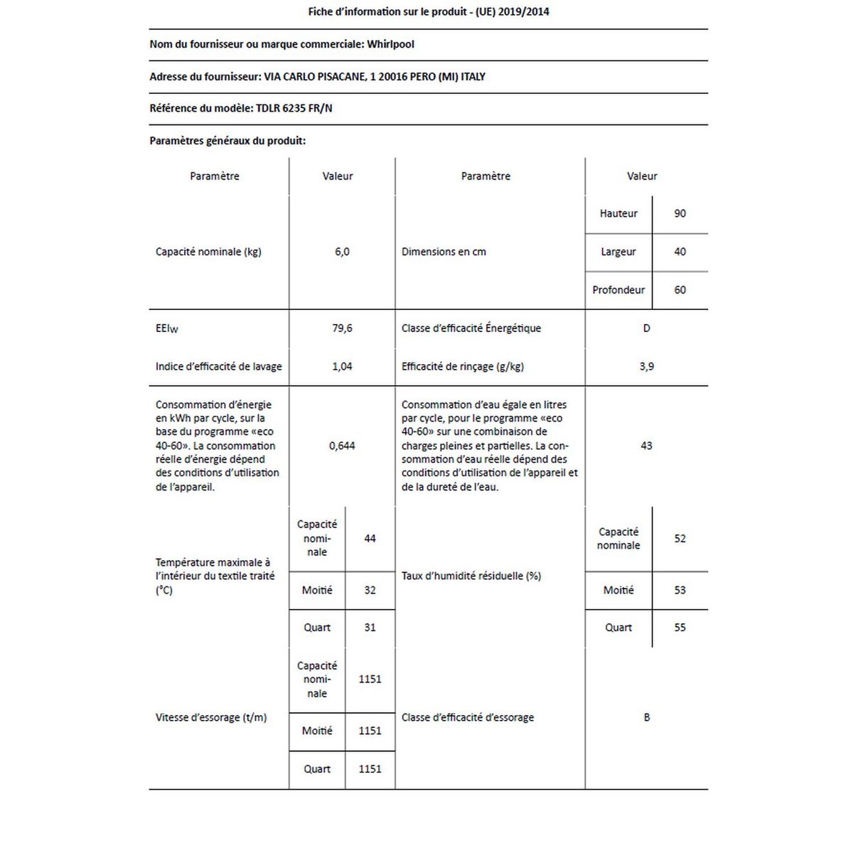 WHIRLPOOL Lave linge top TDLR6235FRN, 6 kg, 1200 T/min