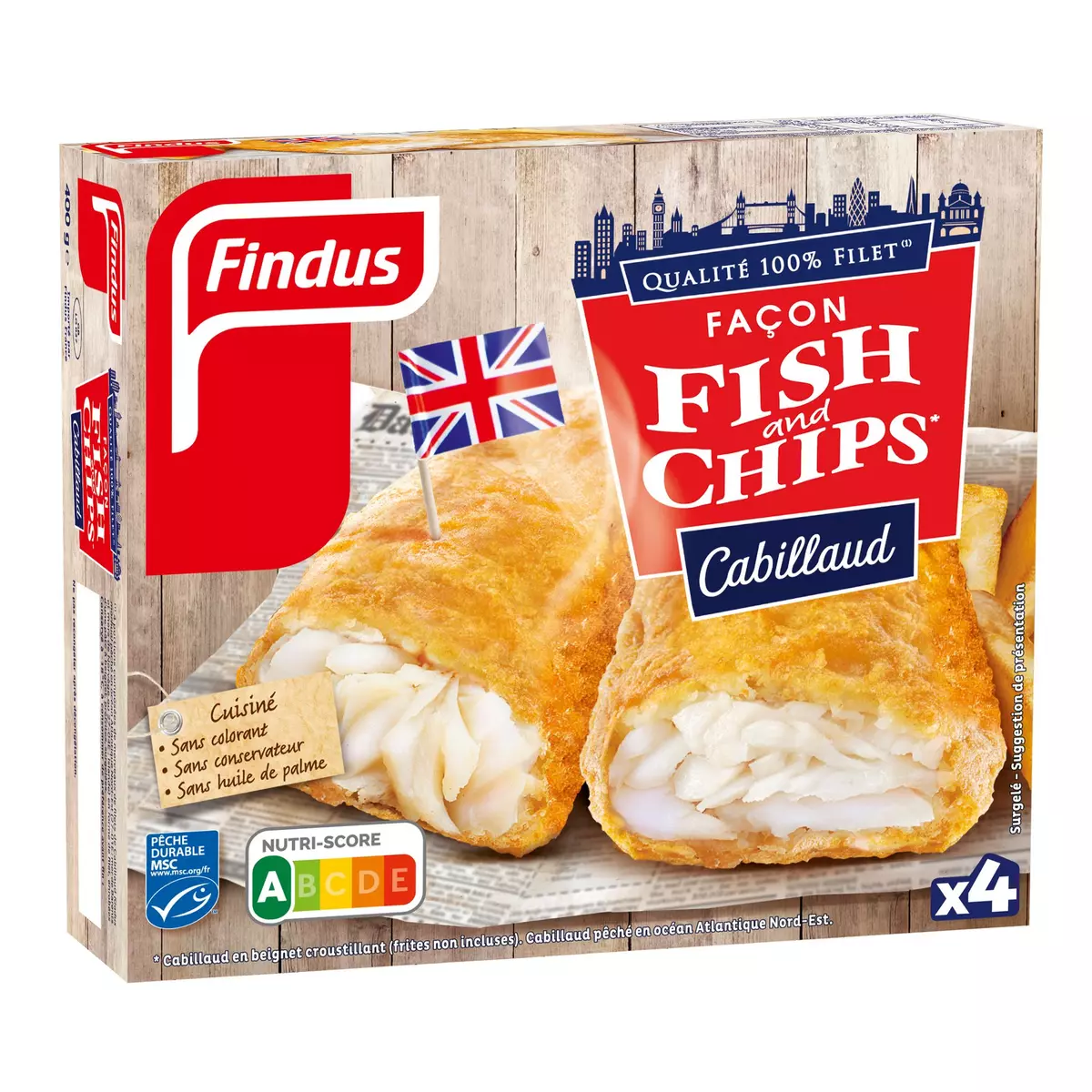 FINDUS Filet de cabillaud MSC façon fish & chips 4 pièces 400g
