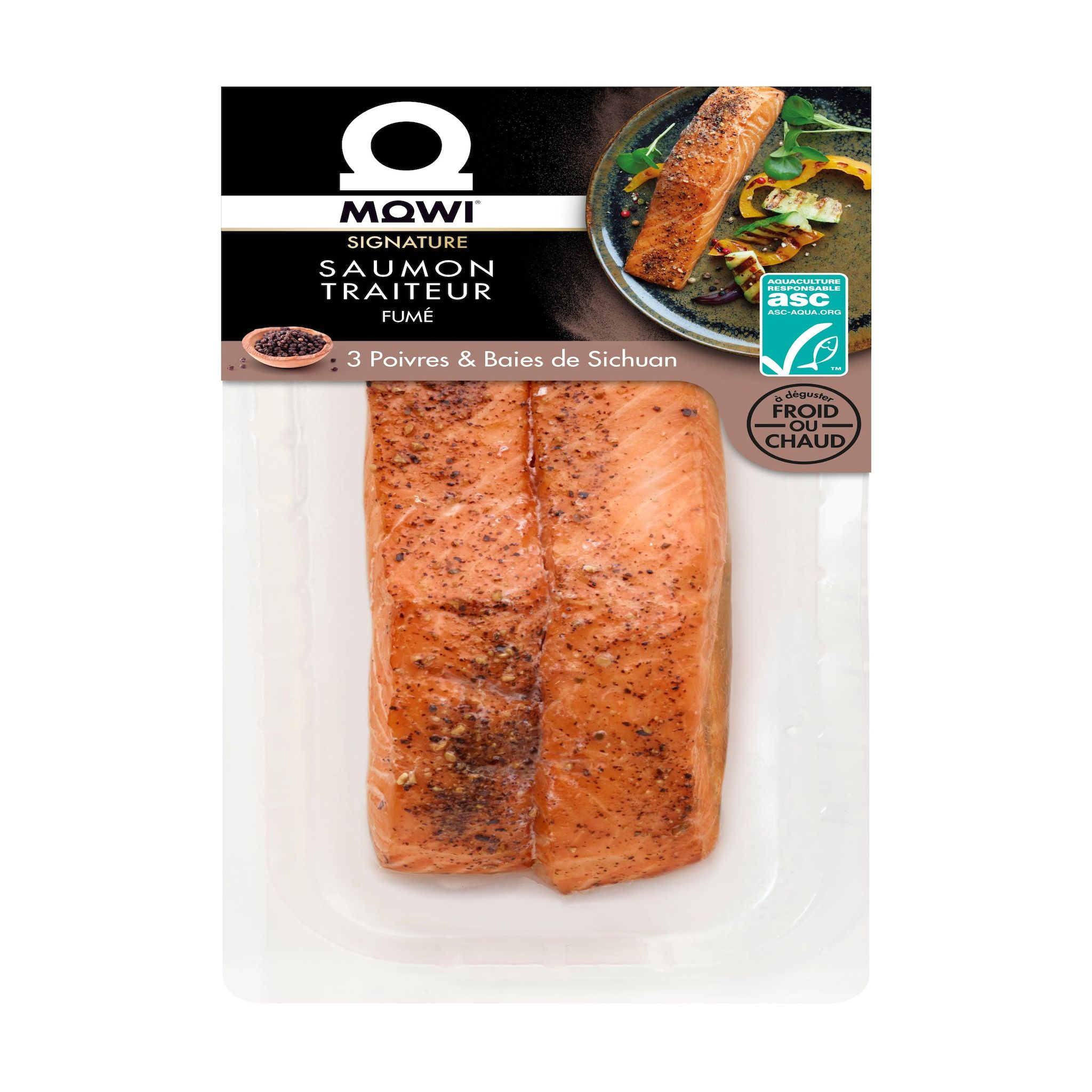 MOWI Pavés de saumon fumé 3 poivres & baies de Sichuan 2 parts 220g