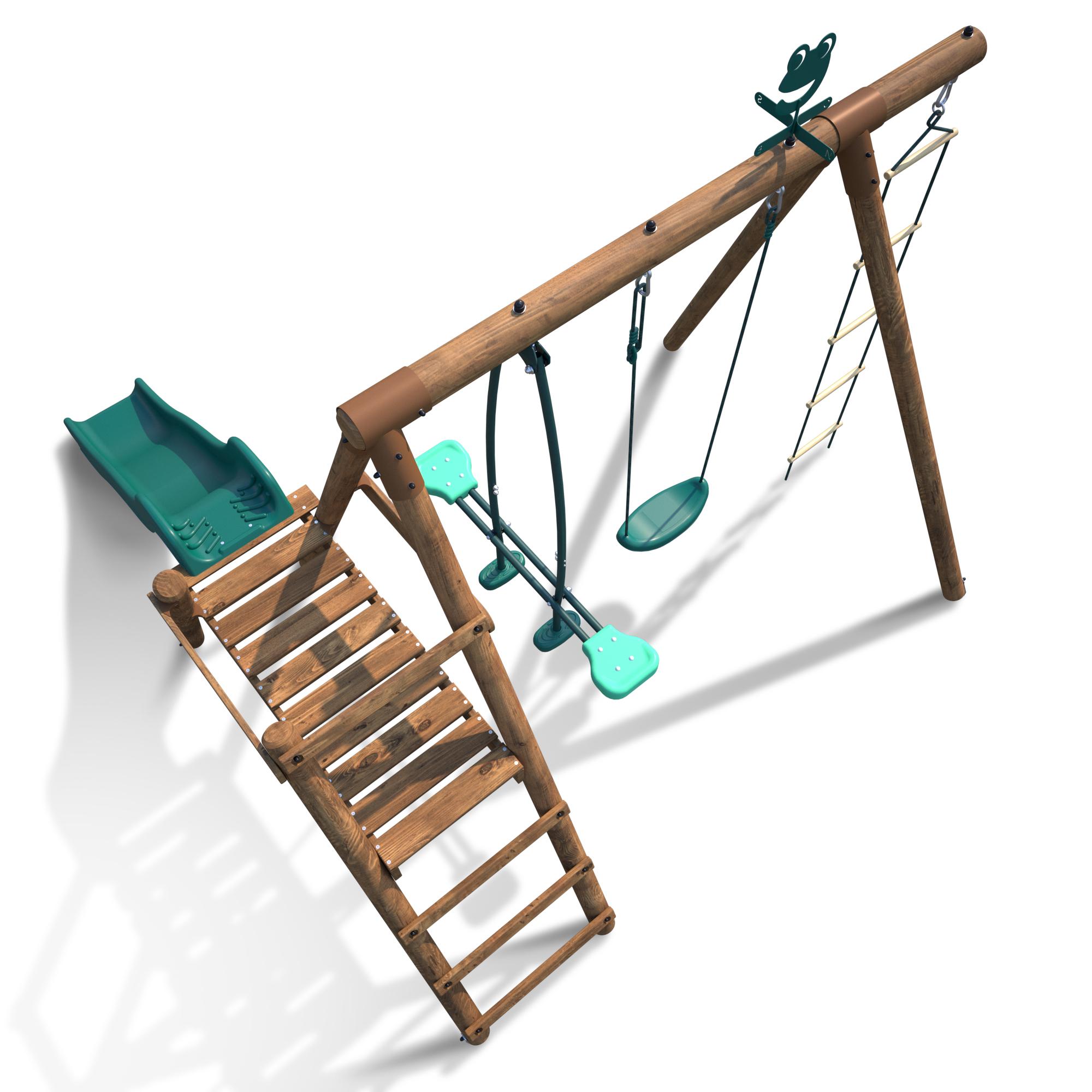 Voir la diapositive 2 : SOULET Portique balançoire avec toboggan - Bois - H1.95m - MURIER