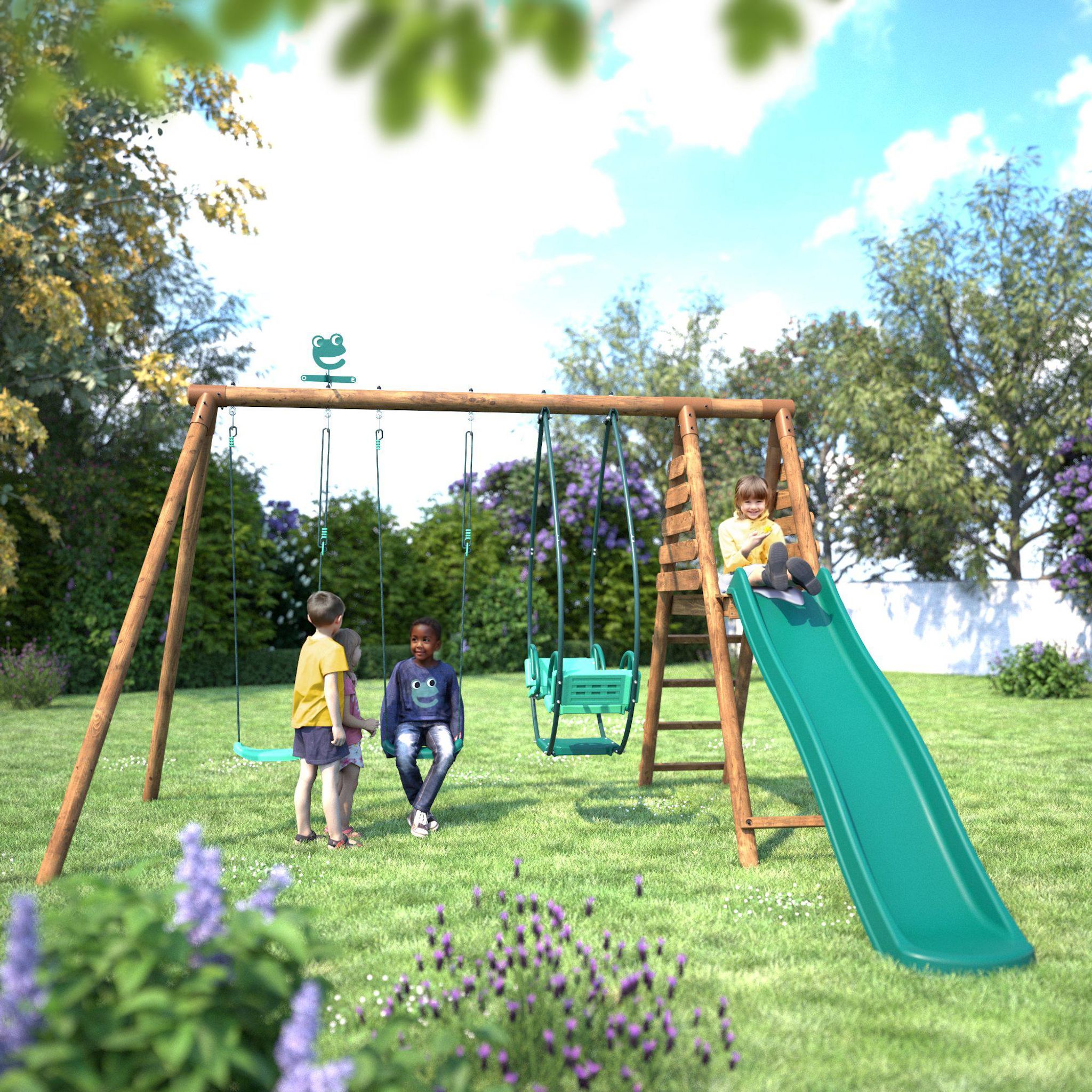 Voir la diapositive 4 : SOULET Portique balançoire avec toboggan - Bois - H2,20m - NARCISSE