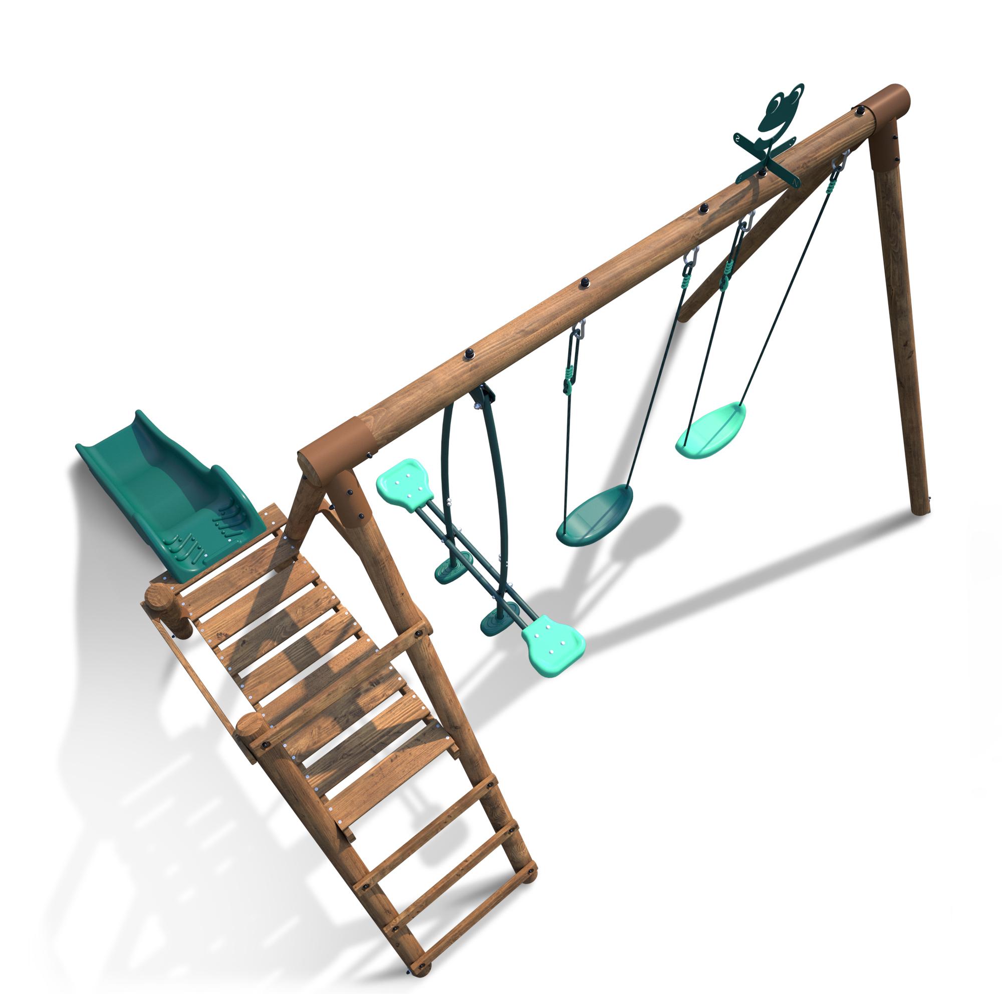 Voir la diapositive 2 : SOULET Portique balançoire avec toboggan - Bois - H1,95m - FIGUE