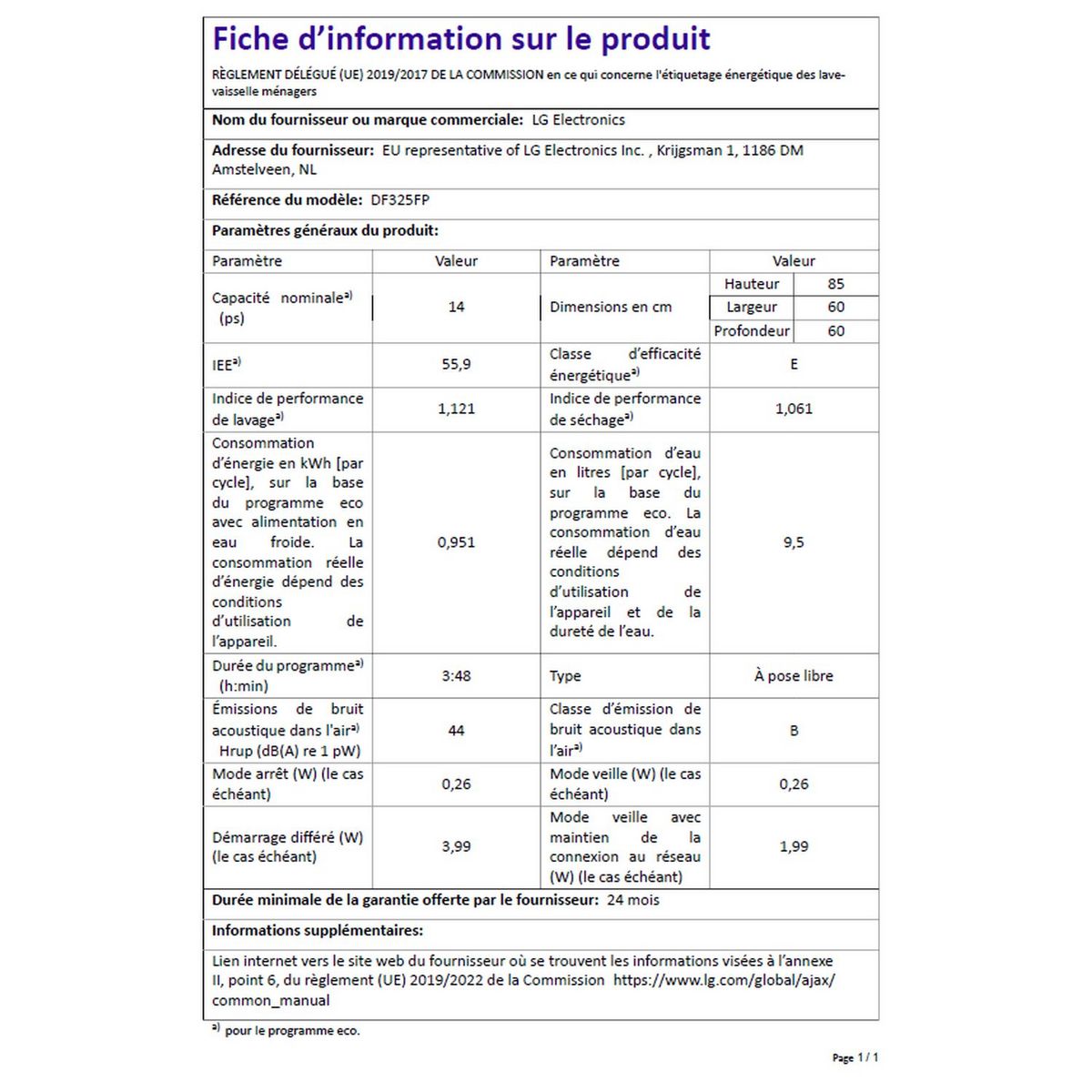 LG Lave vaisselle pose libre, DF325FP, 14 couverts, 60 cm, 44 dB, 9 programmes