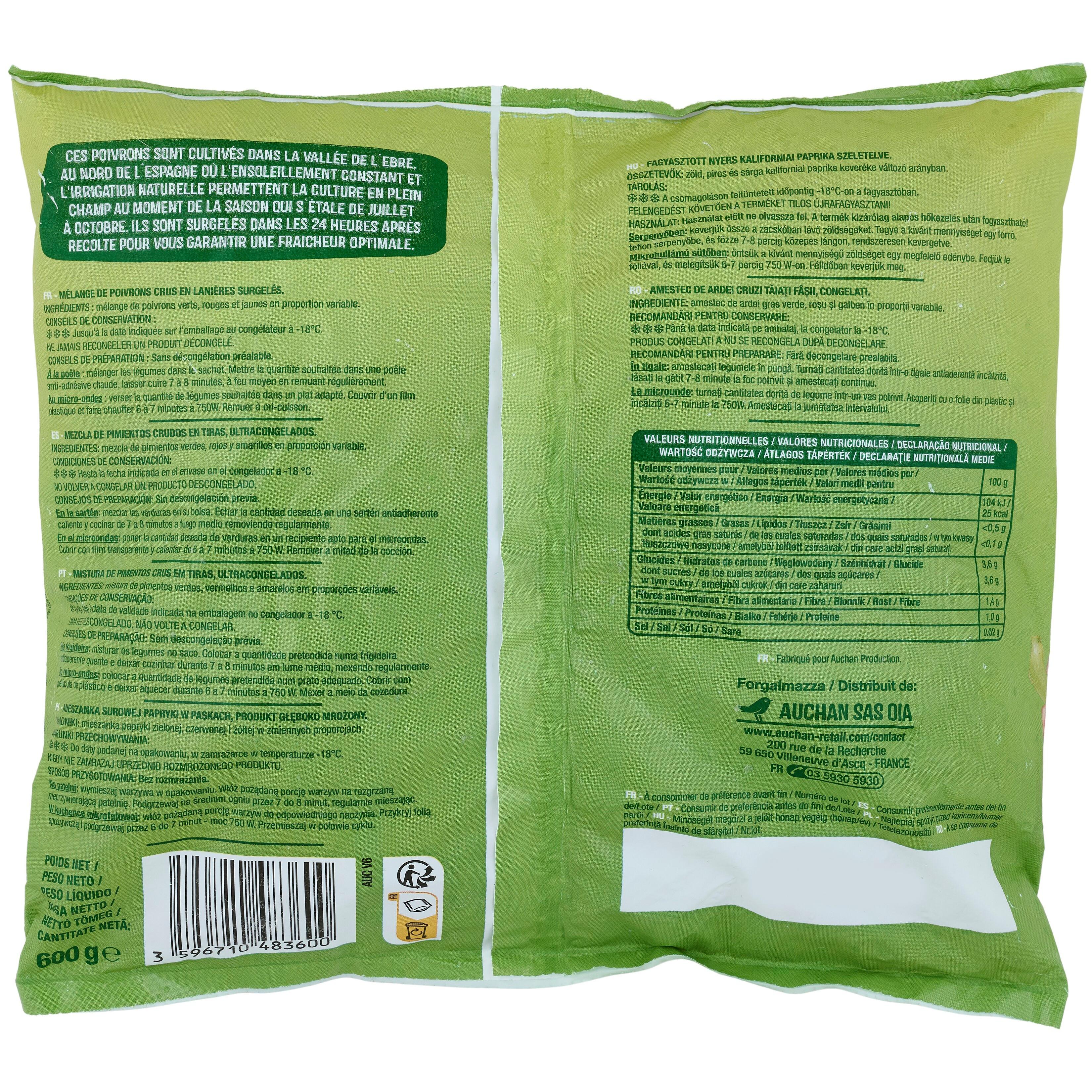 Voir la diapositive 3 : AUCHAN Trio de poivrons en lanières 600g
