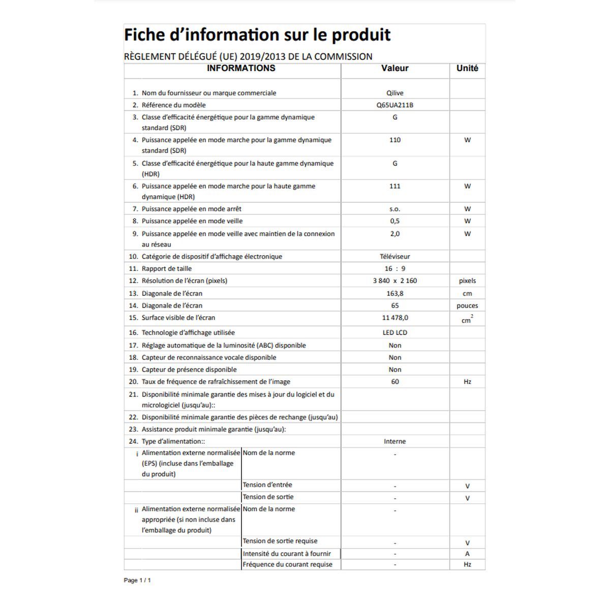 QILIVE Q65UA211B TV DLED UHD 164 cm Android TV