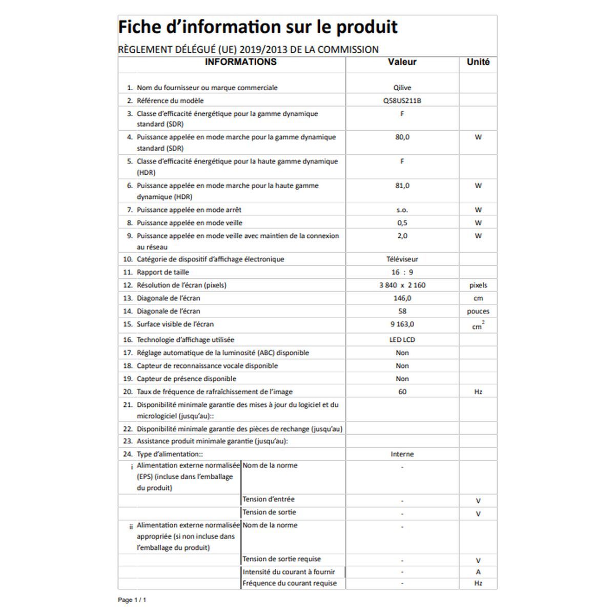 QILIVE Q58US211B TV DLED UHD 146 cm Smart TV