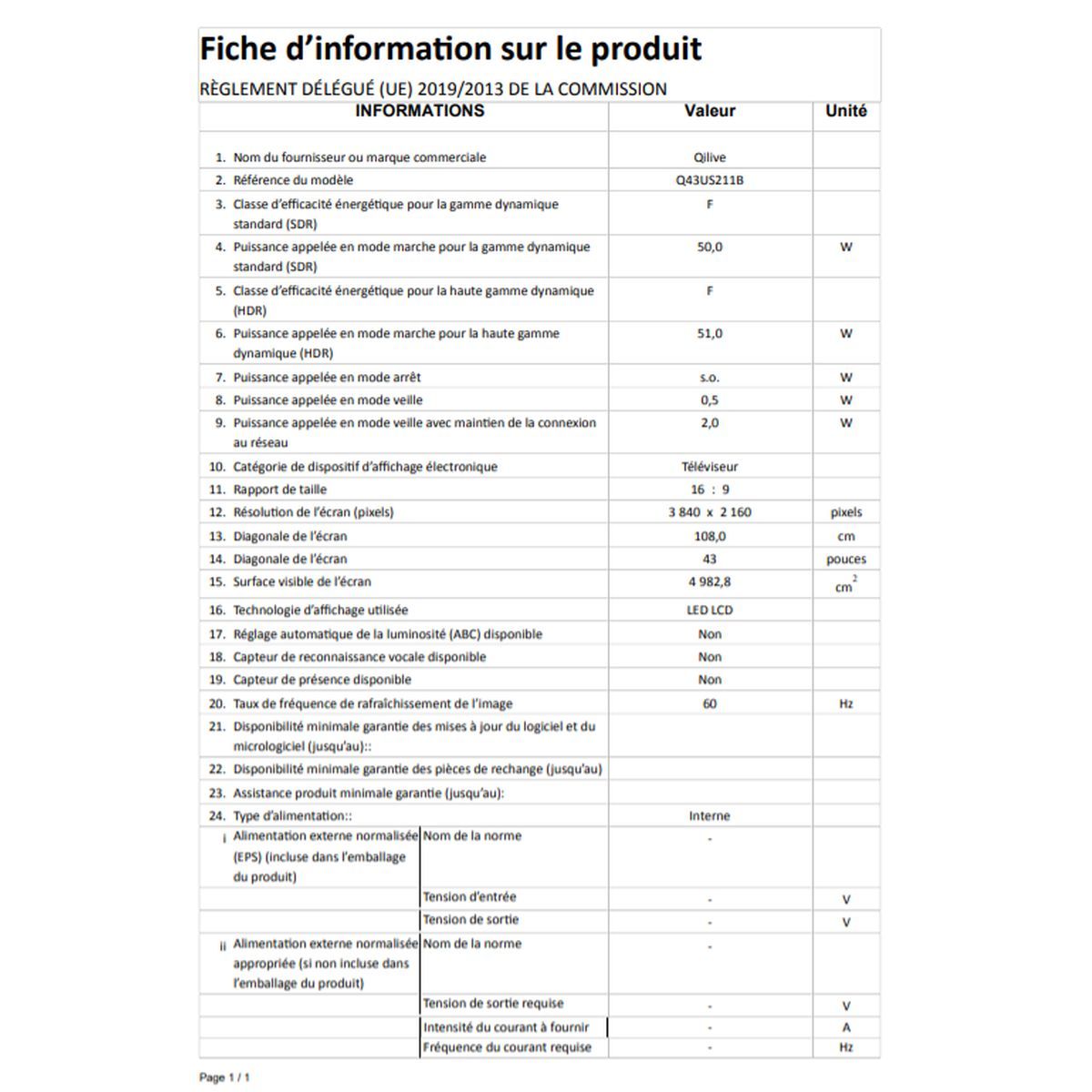 QILIVE TV DLED ULTRA HD Q43US211B  - 108 cm Smart TV 