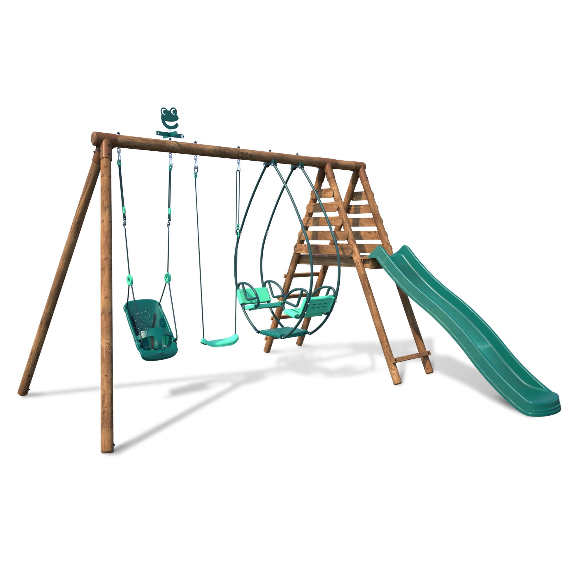 Voir la diapositive 3 : SOULET Portique balançoire avec toboggan - Bois - H2.22m - COLZA