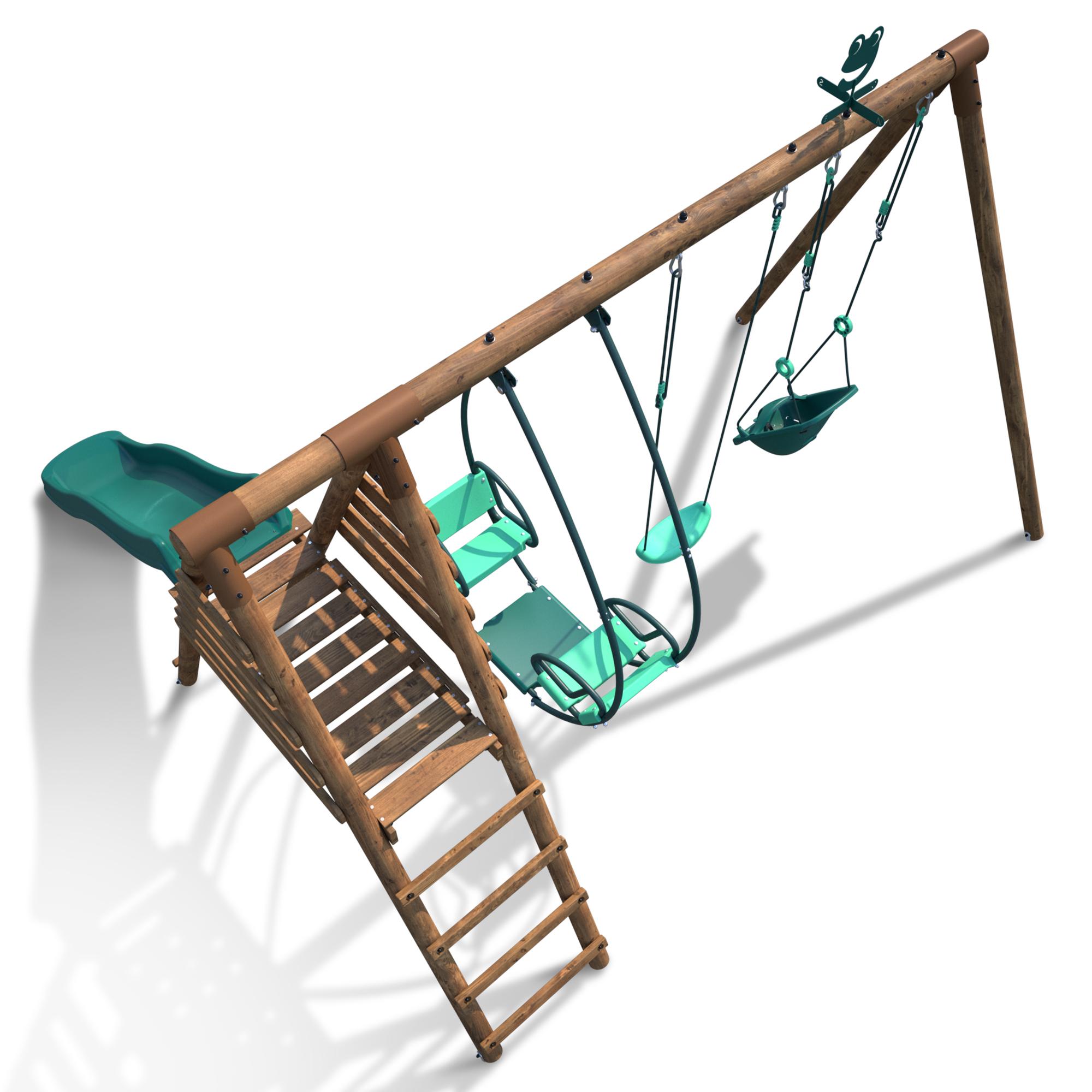 Voir la diapositive 4 : SOULET Portique balançoire avec toboggan - Bois - H2.22m - COLZA