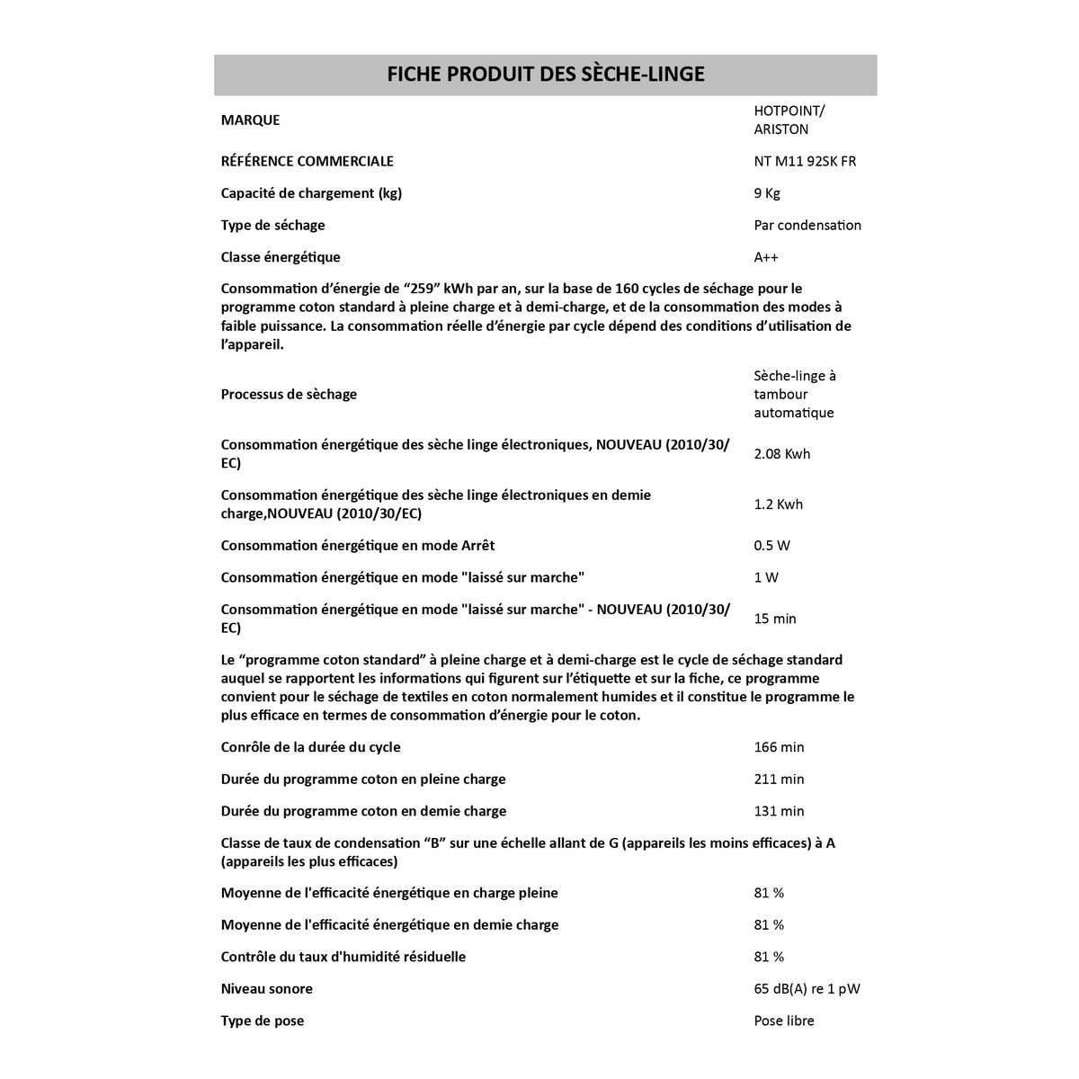 HOTPOINT Sèche linge hublot NTM1192SKFR, 9 kg, Pompe à chaleur, A++