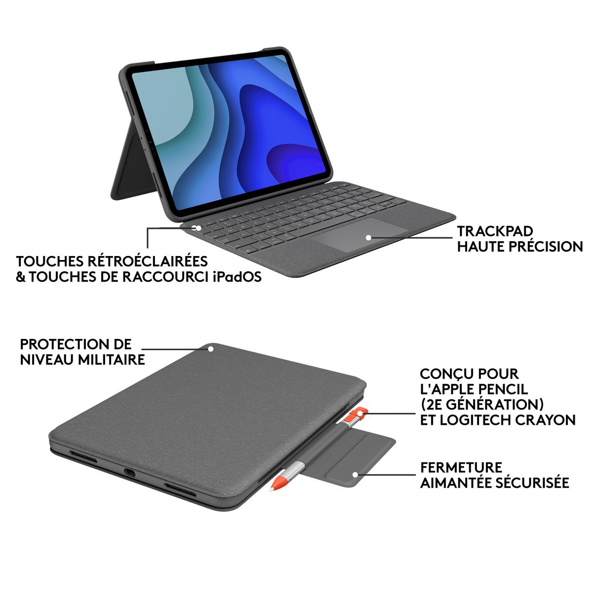 LOGITECH ÉTUI CLAVIER FOLIO TOUCH pour iPad Pro 11 pouces (1re, 2e et 3e générations) GRIS