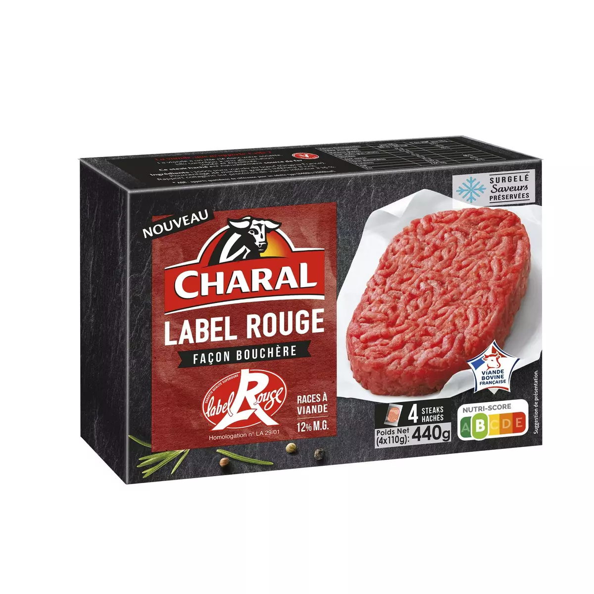 CHARAL Steaks hachés façon bouchère 12%MG Label Rouge 4 pièces 440g