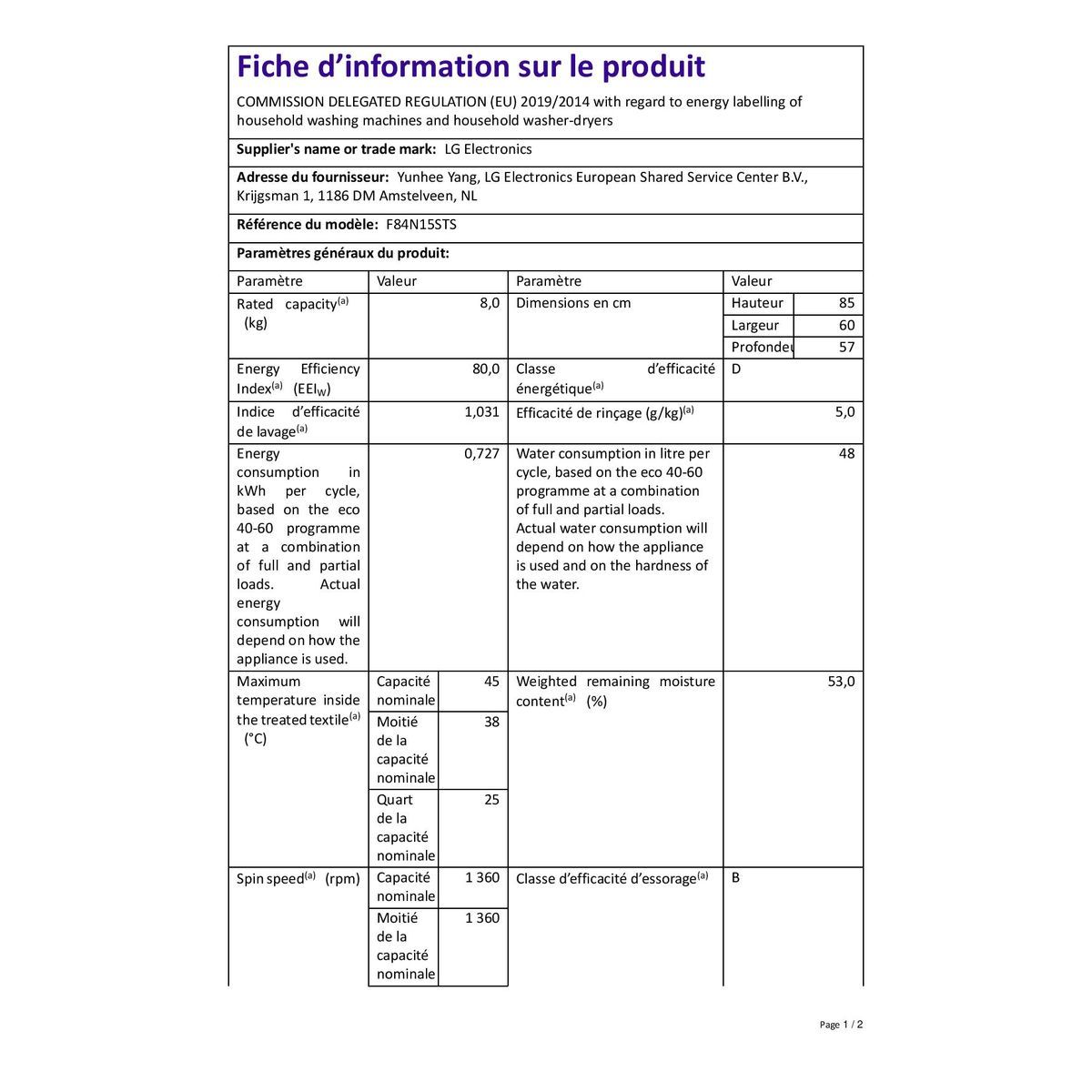 LG Lave linge hublot F84N15STS, 8 kg, 1400 T/min