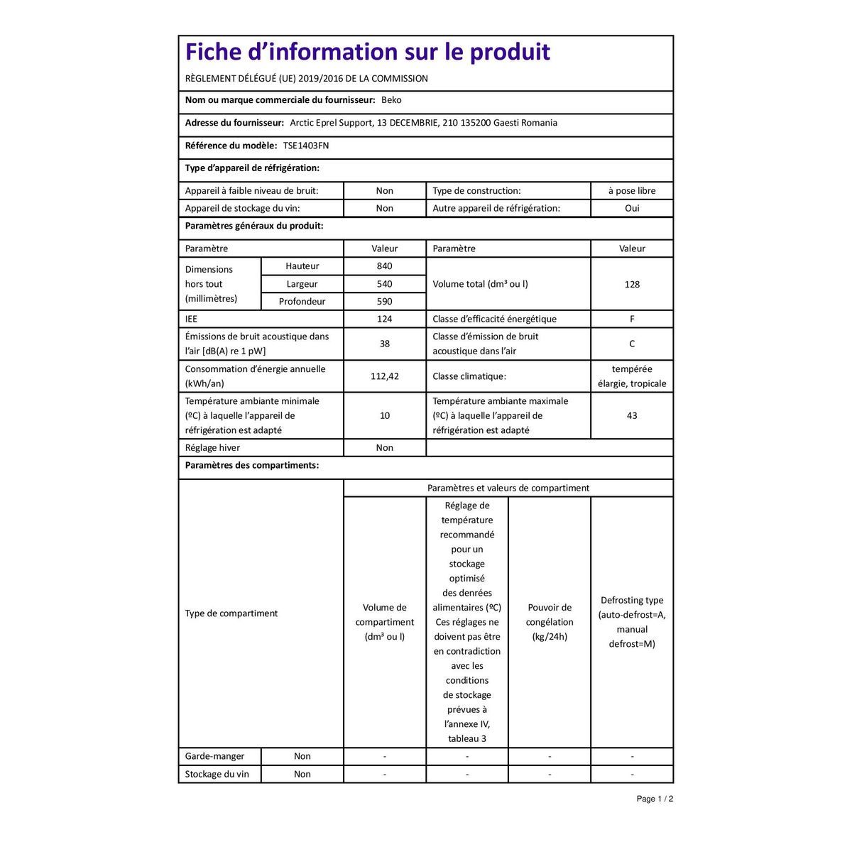 BEKO Réfrigérateur table top TSE1403FN, 128 L, Froid statique