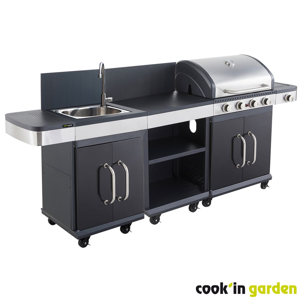 COOK IN GARDEN Barbecue gaz - 4 brûleurs - 4KW - Acier - Avec desserte et évier - FIDGI