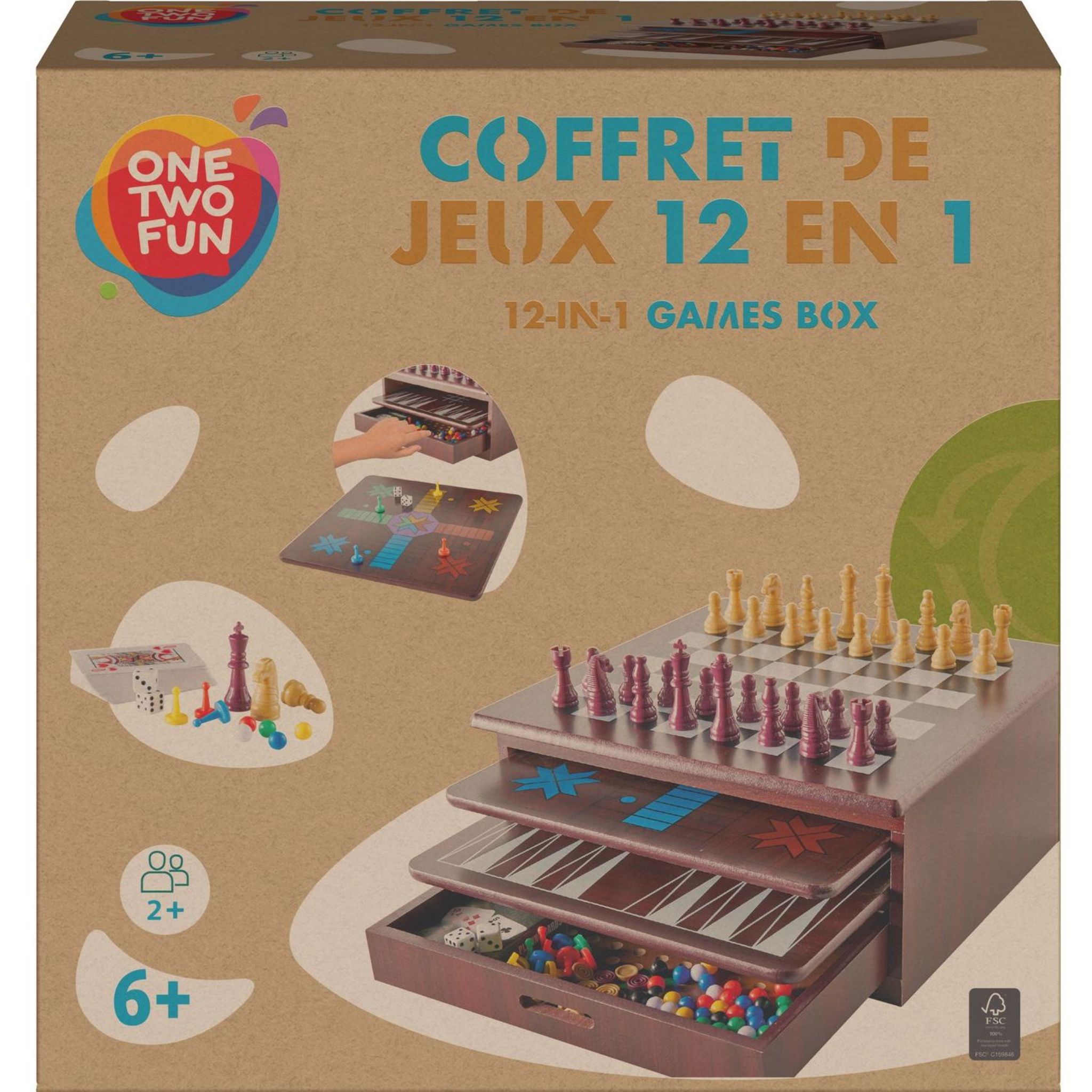 Voir la diapositive 2 : ONE TWO FUN Jeu 12 en 1 Coffret en bois
