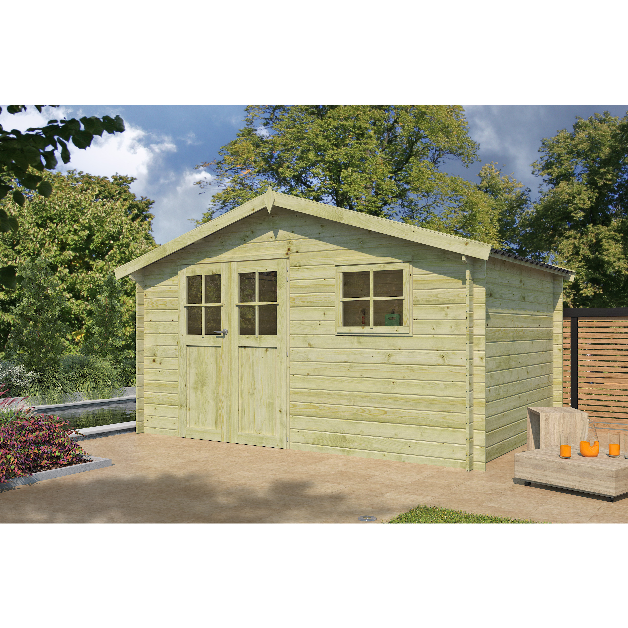 Voir la diapositive 3 : GARDENAS Abri de jardin bois - traité autoclave - 10,49m² - 415 X 295cm