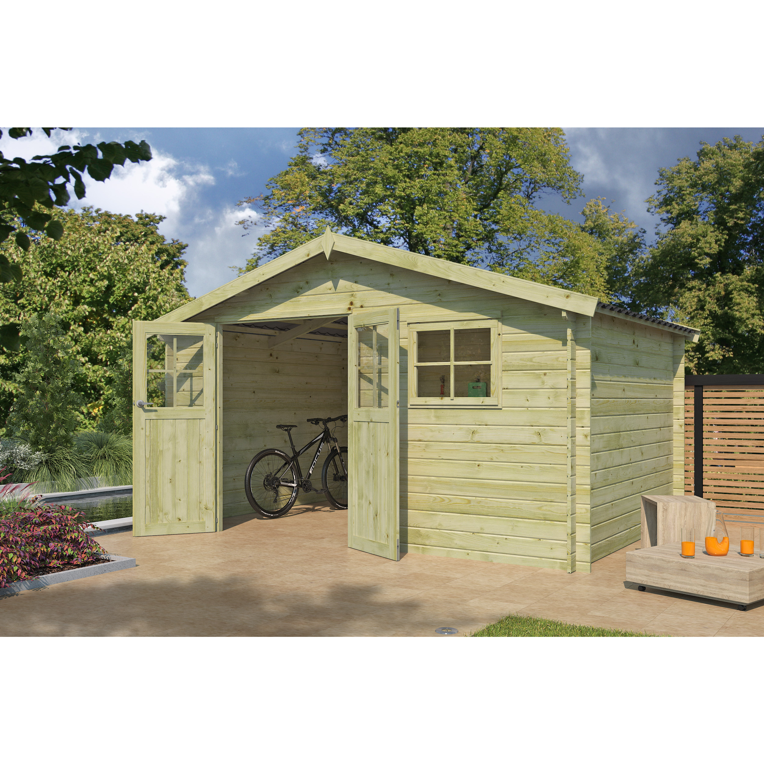 Voir la diapositive 4 : GARDENAS Abri de jardin bois - traité autoclave - 10,49m² - 415 X 295cm