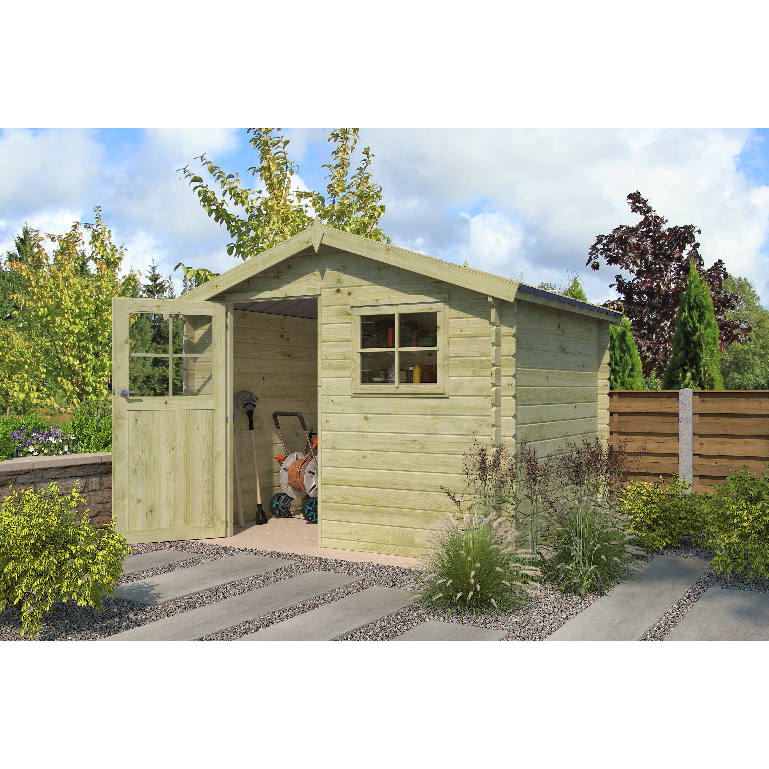 Voir la diapositive 4 : GARDENAS Abri de jardin bois - traité autoclave - 2,95m x 2,48m - LIENA