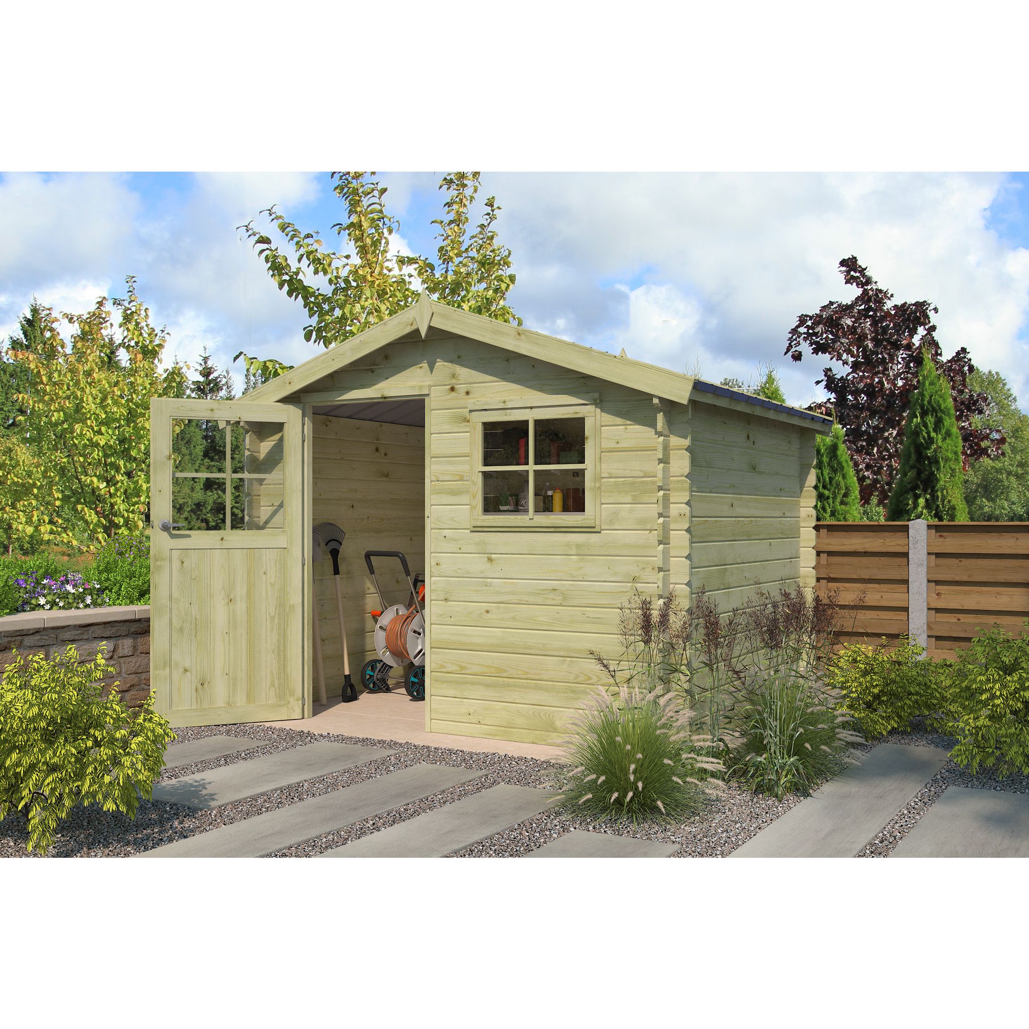 Voir la diapositive 4 : GARDENAS Abri de jardin bois - traité autoclave - 2,95m x 2,48m - LIENA