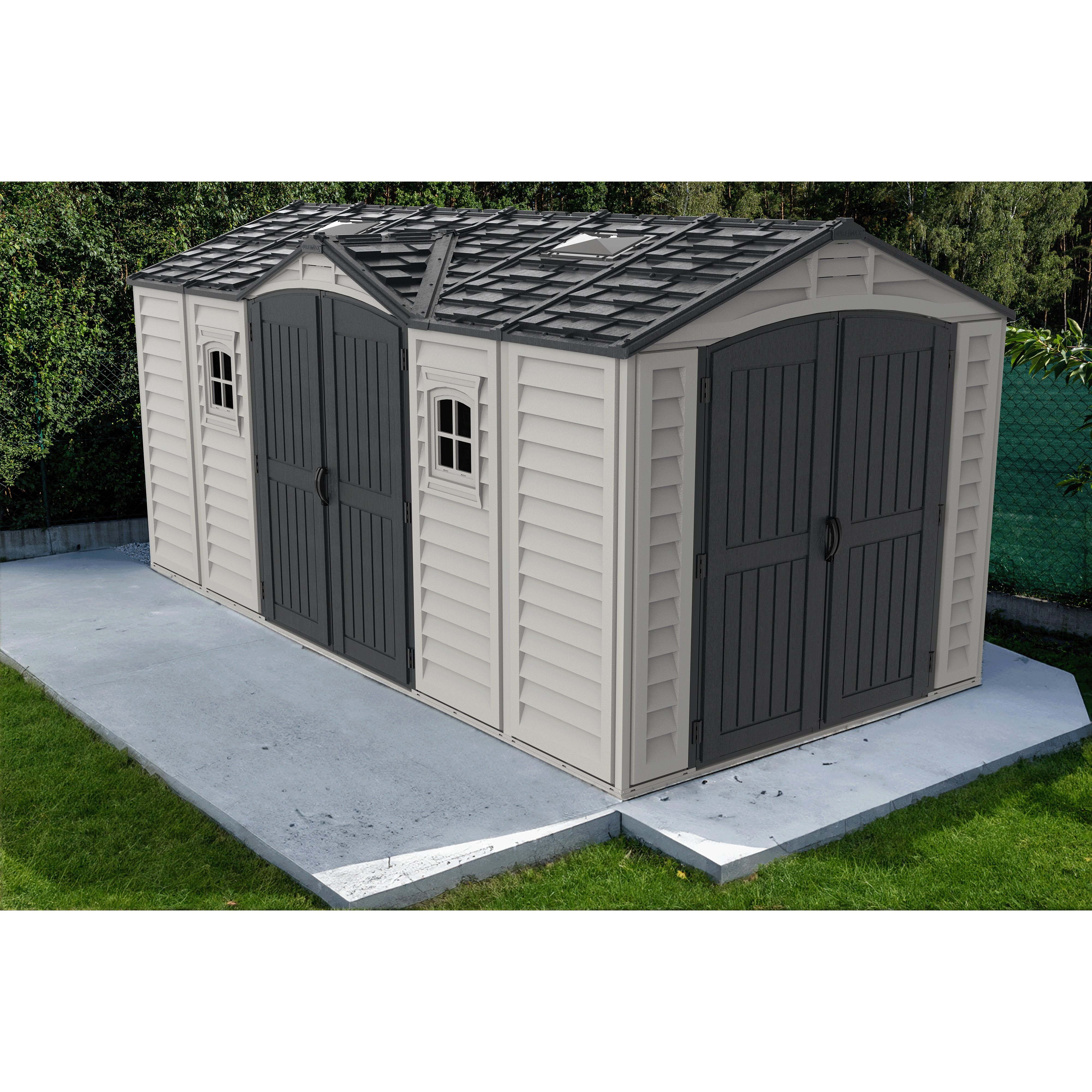 Voir la diapositive 2 : DURAMAX Abri de jardin PVC - 11,02m² - DARKGREY APEX