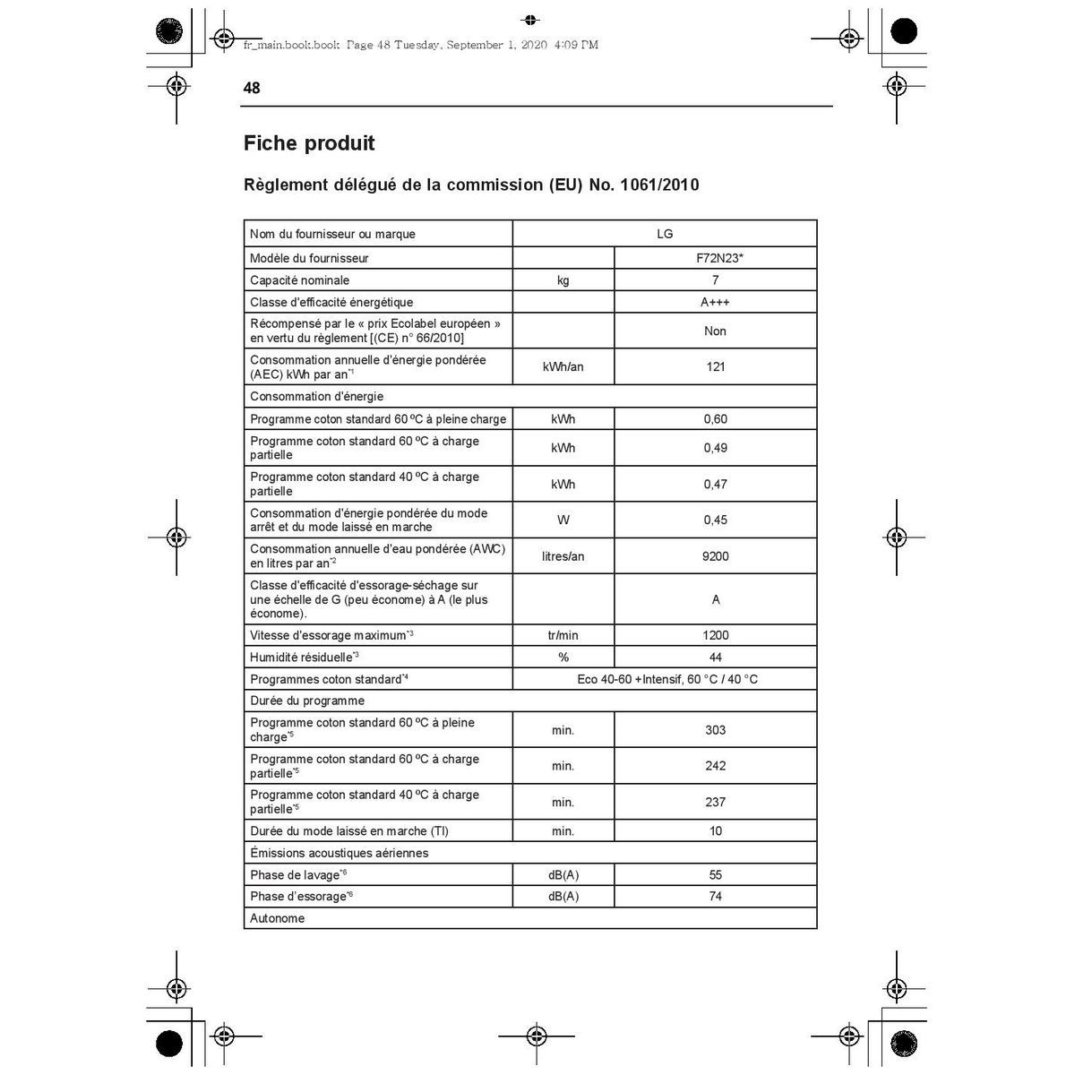 LG Lave linge hublot F72N23WH, 7 kg, 1200 T/min