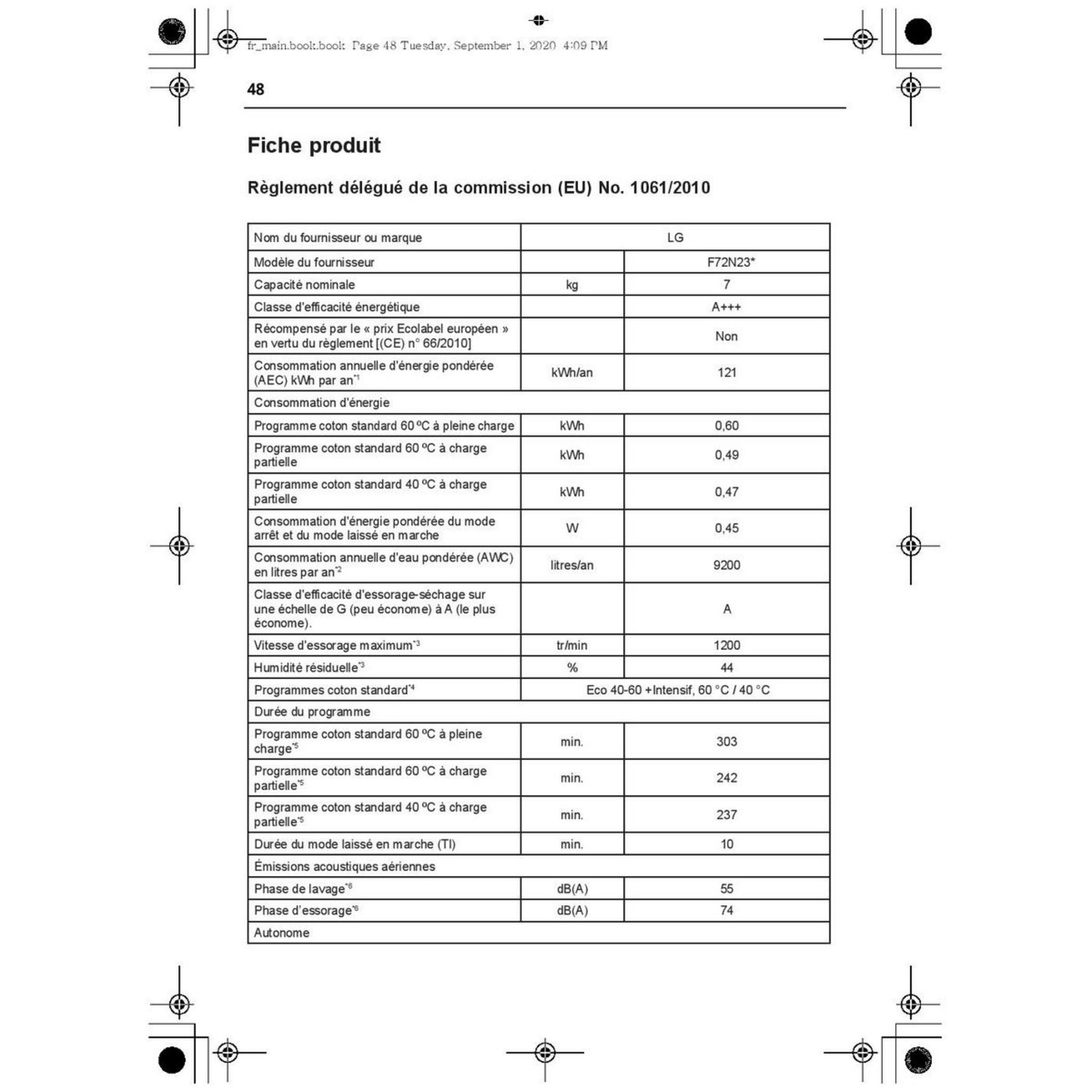 Voir la diapositive 7 : LG Lave linge hublot F72N23WH, 7 kg, 1200 T/min