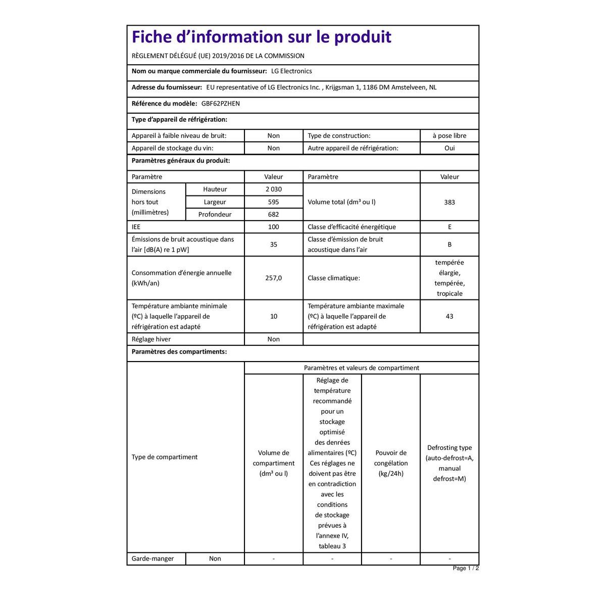 LG Réfrigérateur combiné GBF62PZHEN, 383 L, Froid ventilé No frost