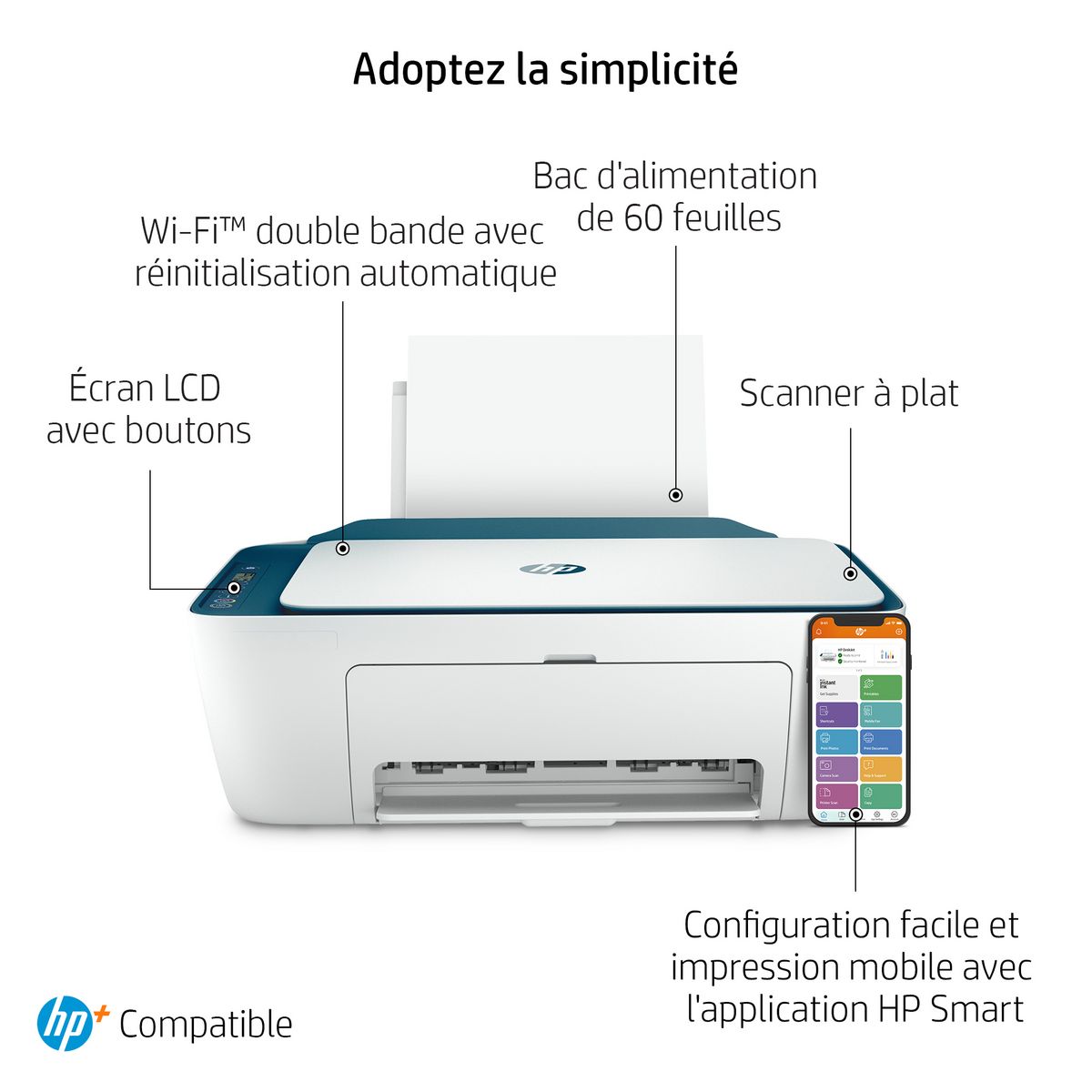 HP DeskJet 2721e Imprimante tout-en-un Jet d'encre couleur - 6 mois d' Instant ink inclus avec HP+