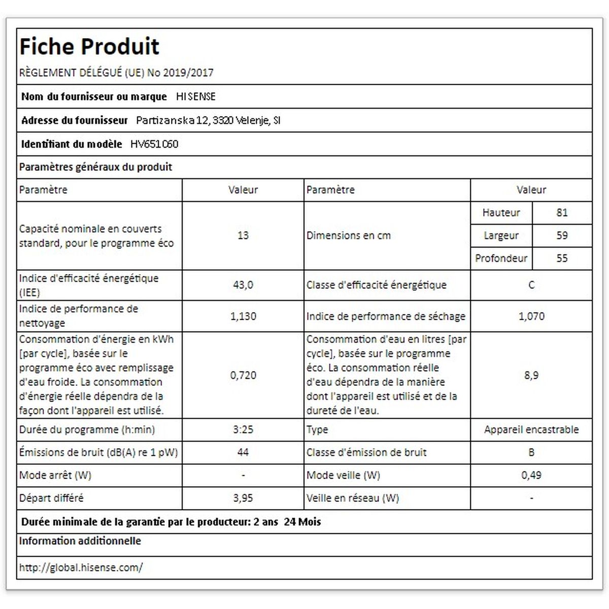 Voir la diapositive 5 : HISENSE Lave vaisselle encastrable HV651C60, 13 couverts, 60 cm, 44 dB, 5 programmes