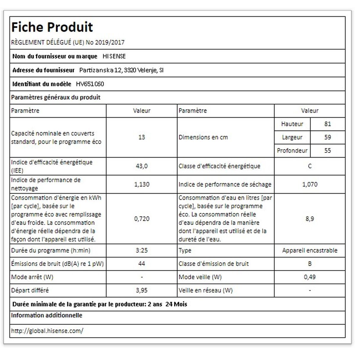 HISENSE Lave vaisselle encastrable HV651C60, 13 couverts, 60 cm, 44 dB, 5 programmes