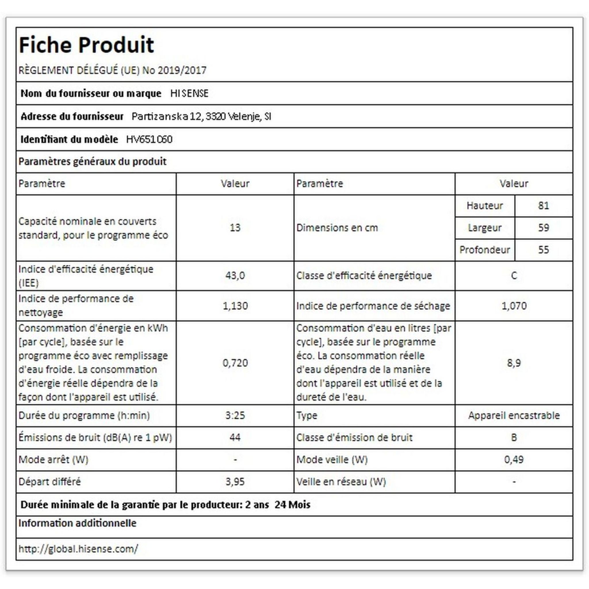 Voir la diapositive 5 : HISENSE Lave vaisselle encastrable HV651C60, 13 couverts, 60 cm, 44 dB, 5 programmes