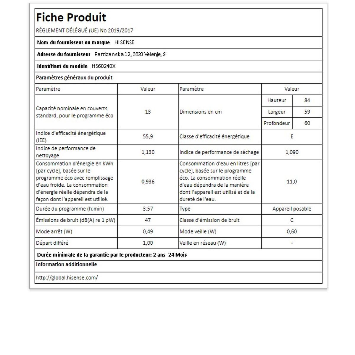 HISENSE Lave vaisselle pose libre HS60240X, 13 couverts, 60 cm, 47 dB, 6 programmes
